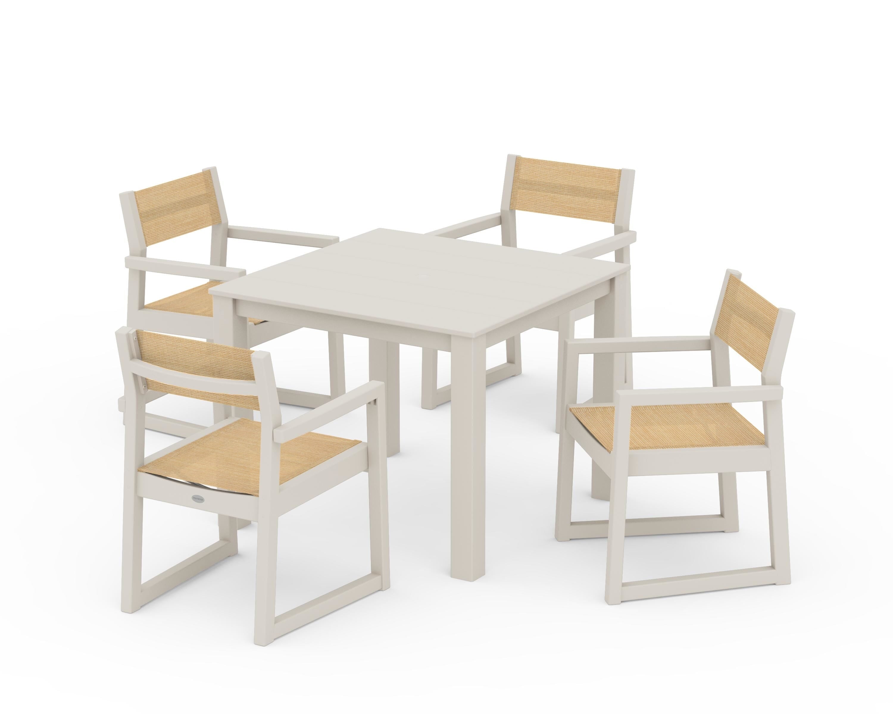 POLYWOOD EDGE Sling Arm Chair 5-Piece Parsons Dining Set in Sand / Dupioni Apricot Sling