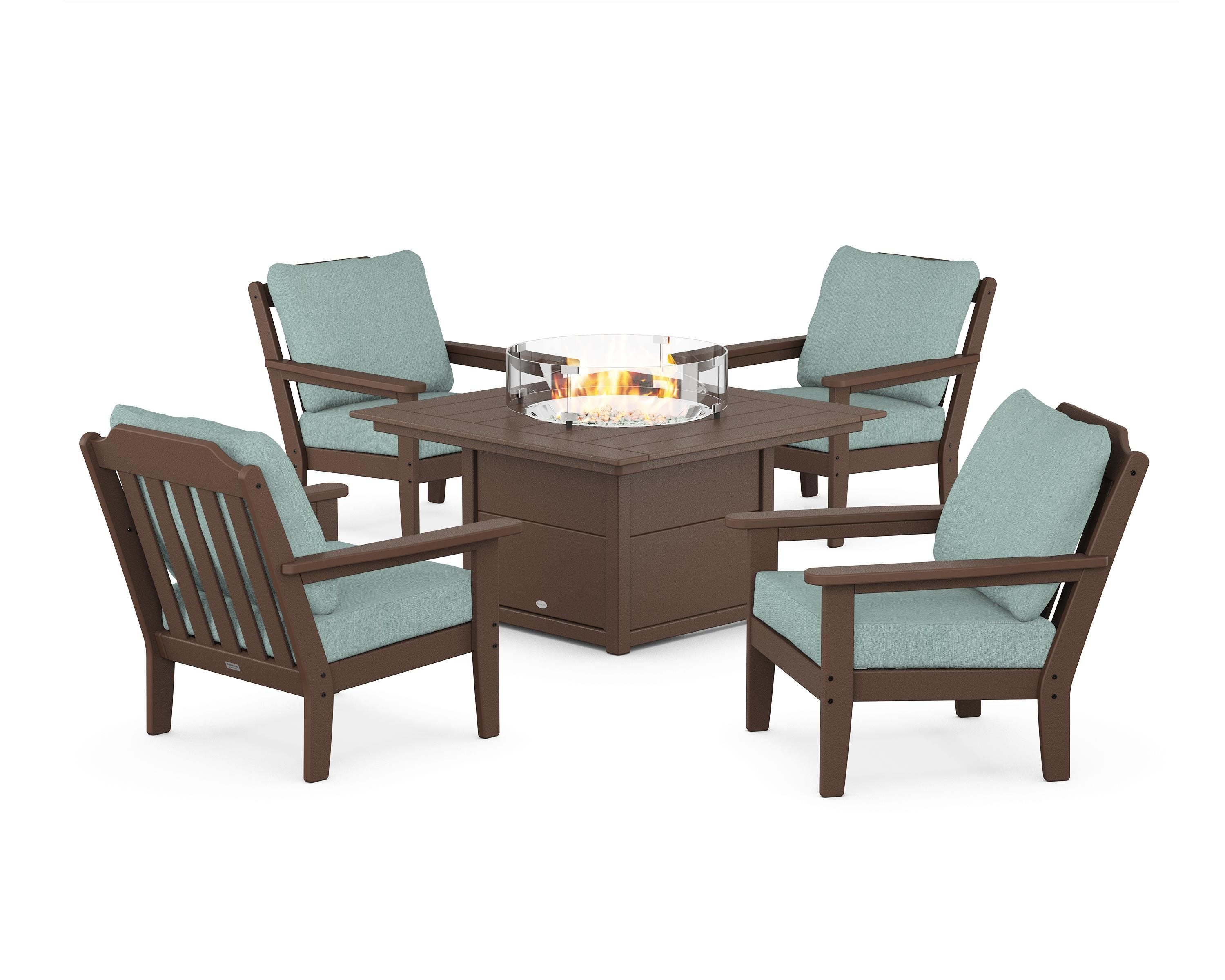 Country Living Cottage 5-Piece Deep Seating Set with Fire Pit Table in Mahogany / Glacier Spa