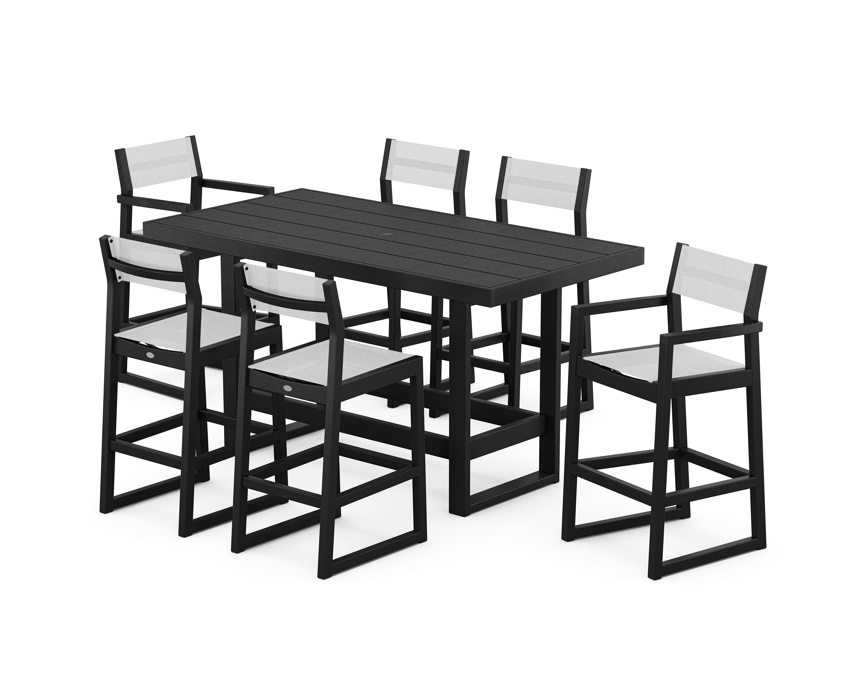 POLYWOOD EDGE Sling 7-Piece Bar Table Set in Black / White Sling