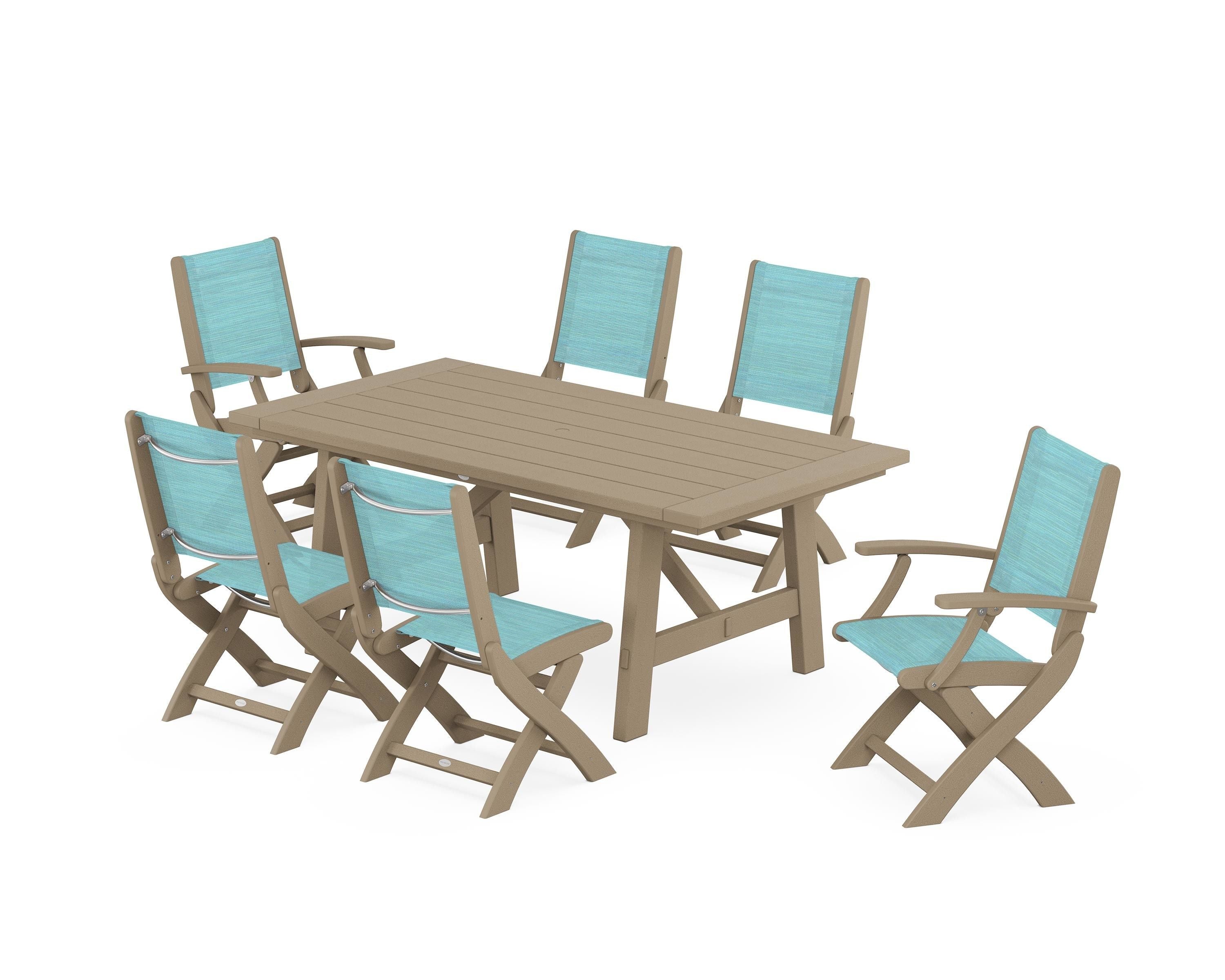 POLYWOOD Coastal Folding Chair 7-Piece Rustic Farmhouse Dining Set in Vintage Sahara / Dupioni Aquamarine Sling
