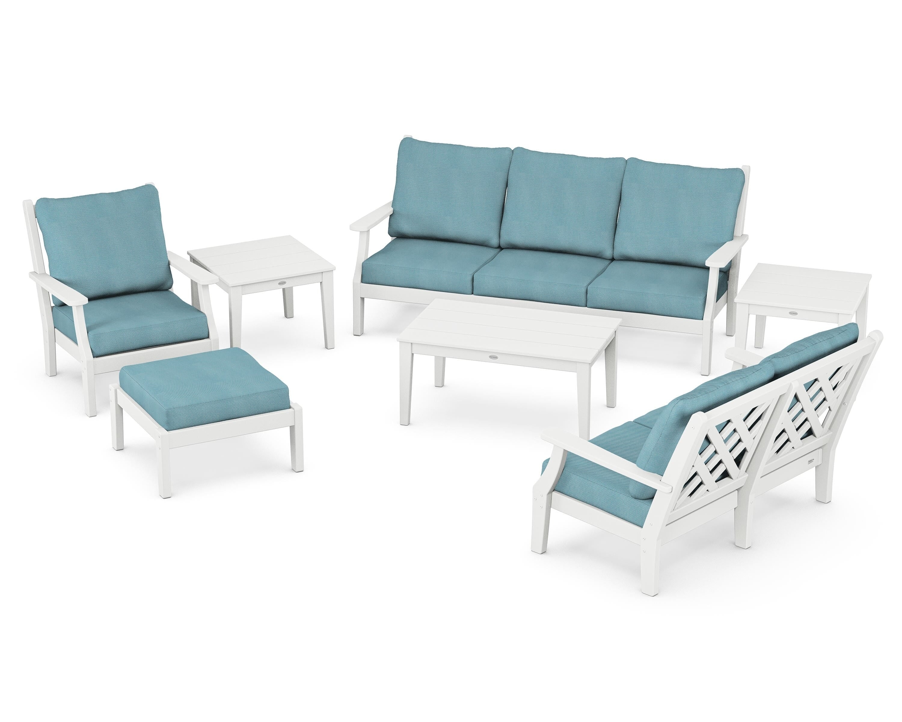 Country Living Wovendale 7-Piece Deep Seating Set in White / Lattice Sky Blue