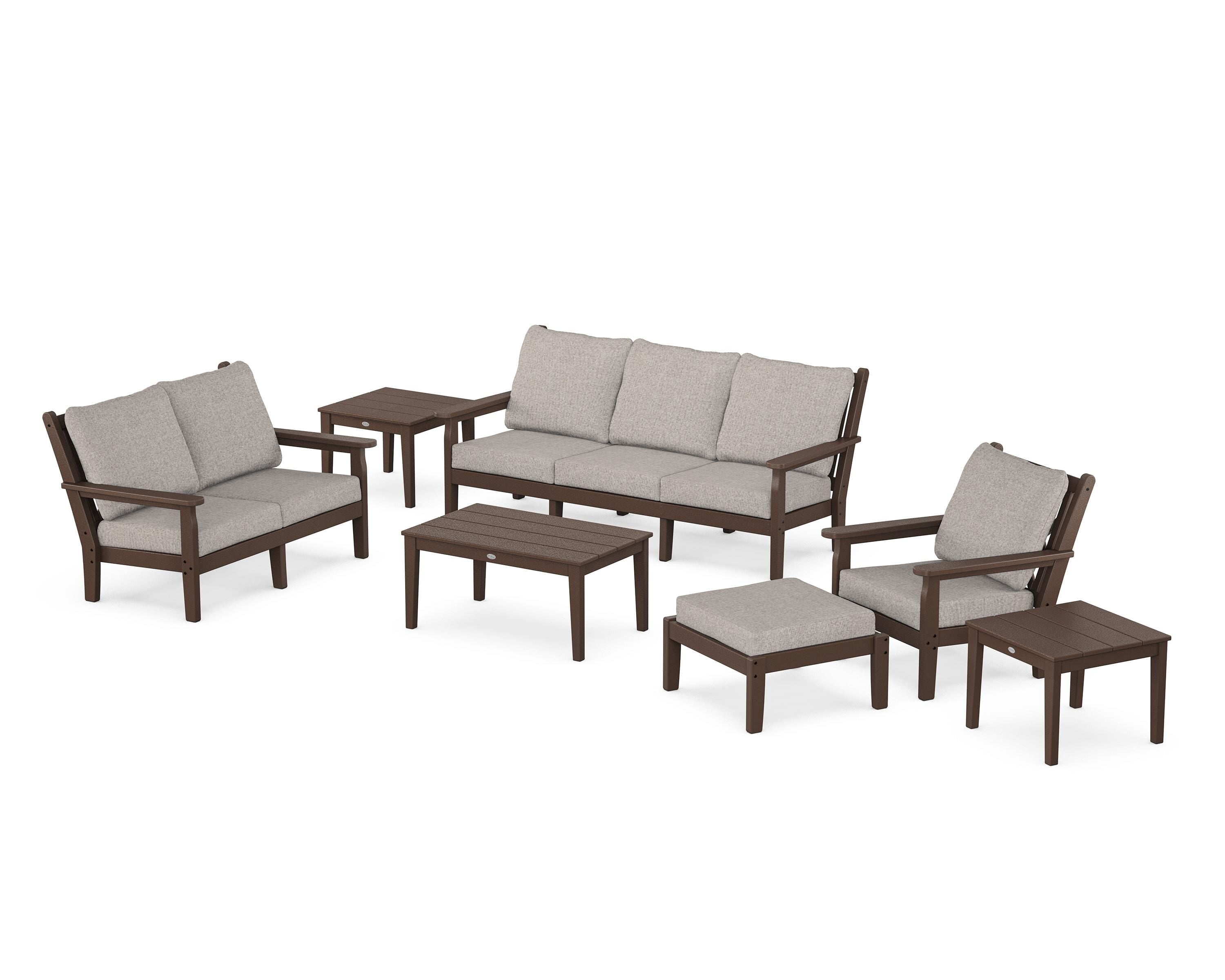 POLYWOOD Chippendale 7-Piece Deep Seating Set in Mahogany / Weathered Tweed