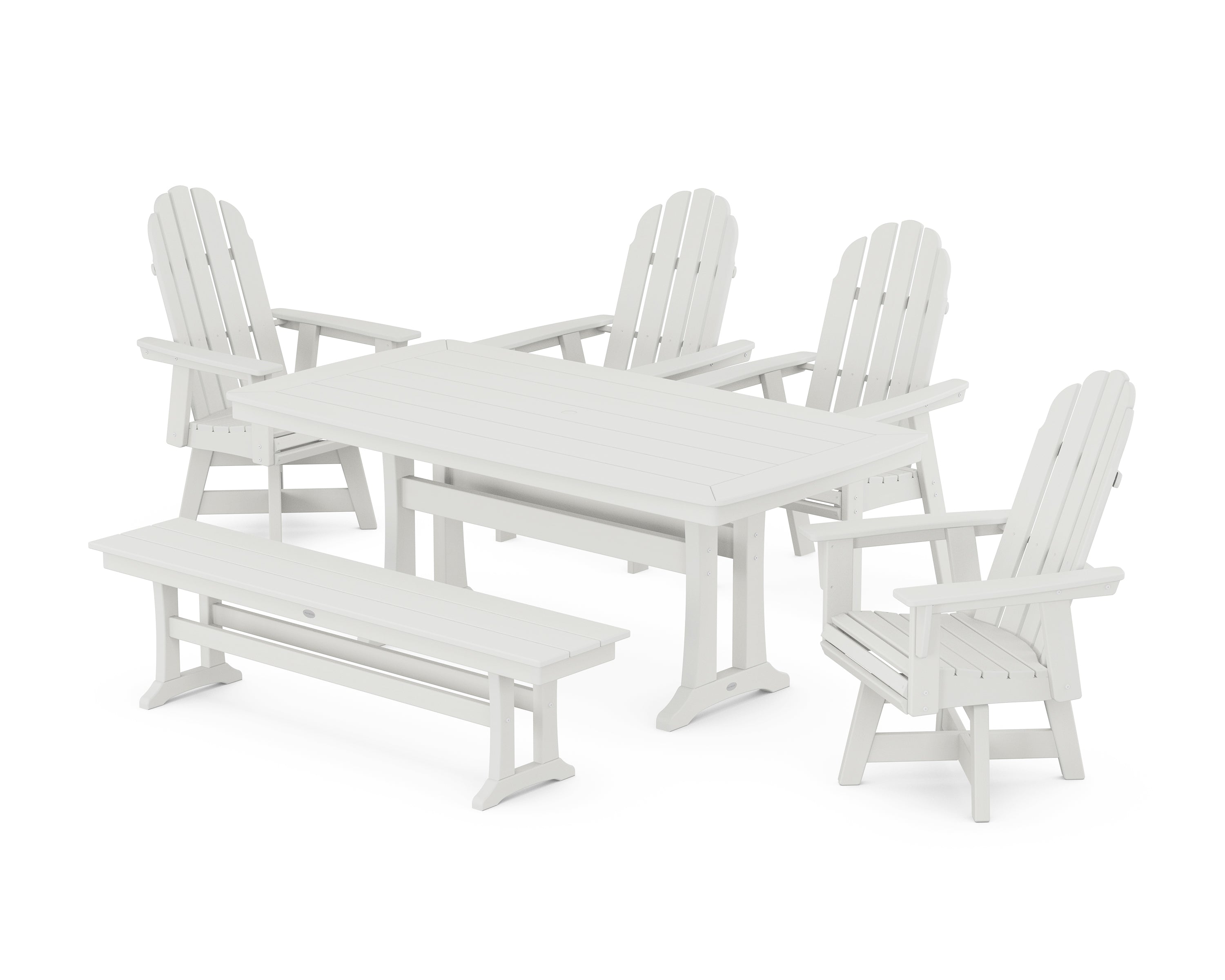 POLYWOOD® Vineyard Curveback Adirondack Swivel Chair 6-Piece Dining Set with Trestle Legs and Bench in Vintage White