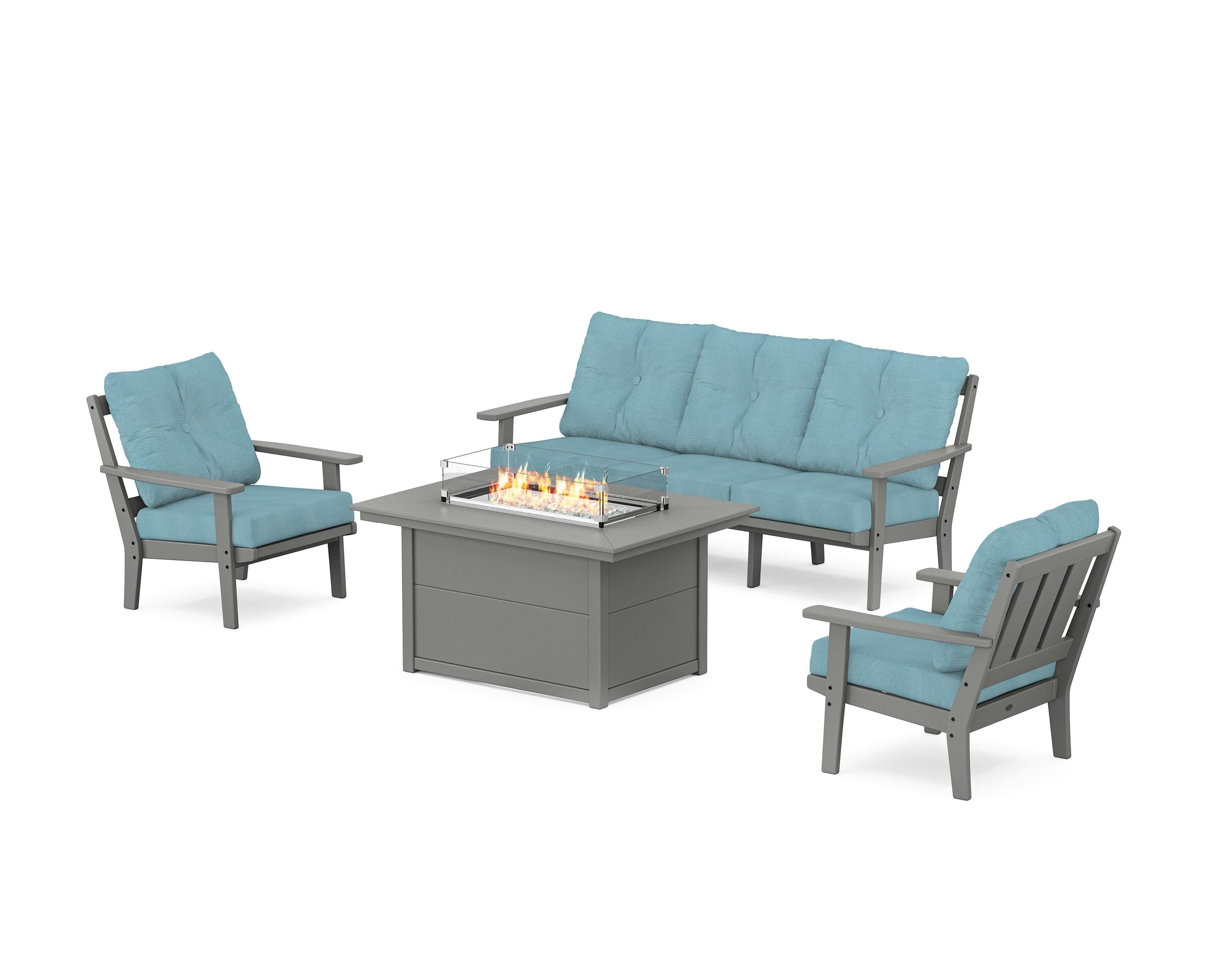 POLYWOOD Oxford Deep Seating Fire Pit Table Set in Slate Grey / Lattice Sky Blue