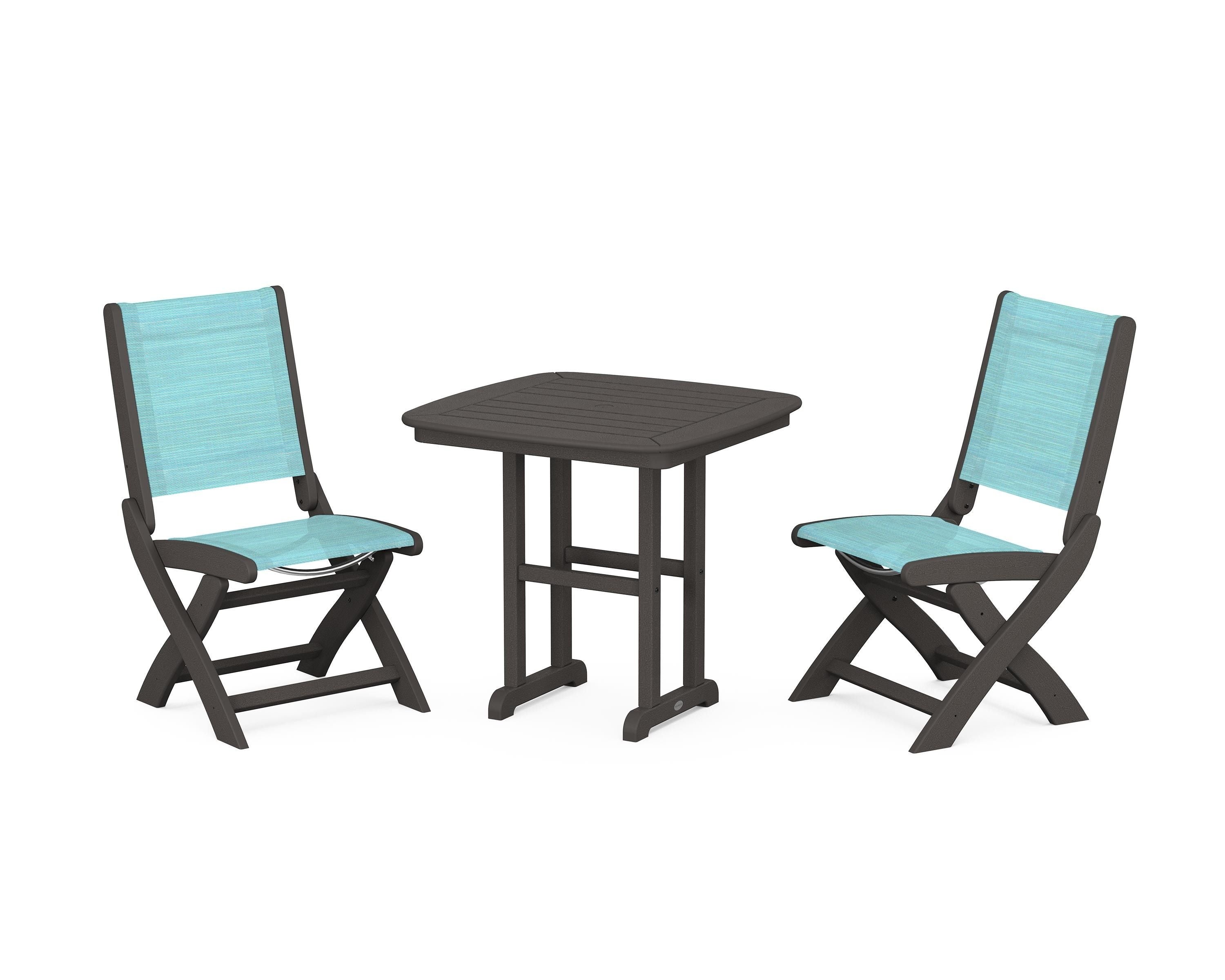 POLYWOOD Coastal Folding Side Chair 3-Piece Dining Set in Vintage Coffee / Dupioni Aquamarine Sling