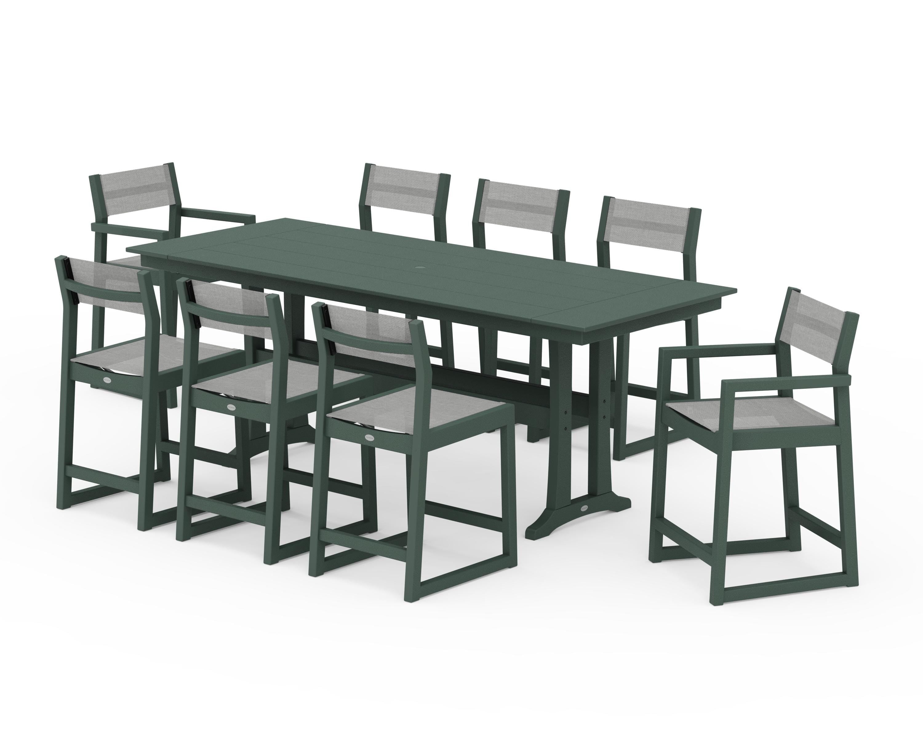 POLYWOOD EDGE Sling 9-Piece Farmhouse Counter Set with Trestle Legs in Green / Metallic Sling