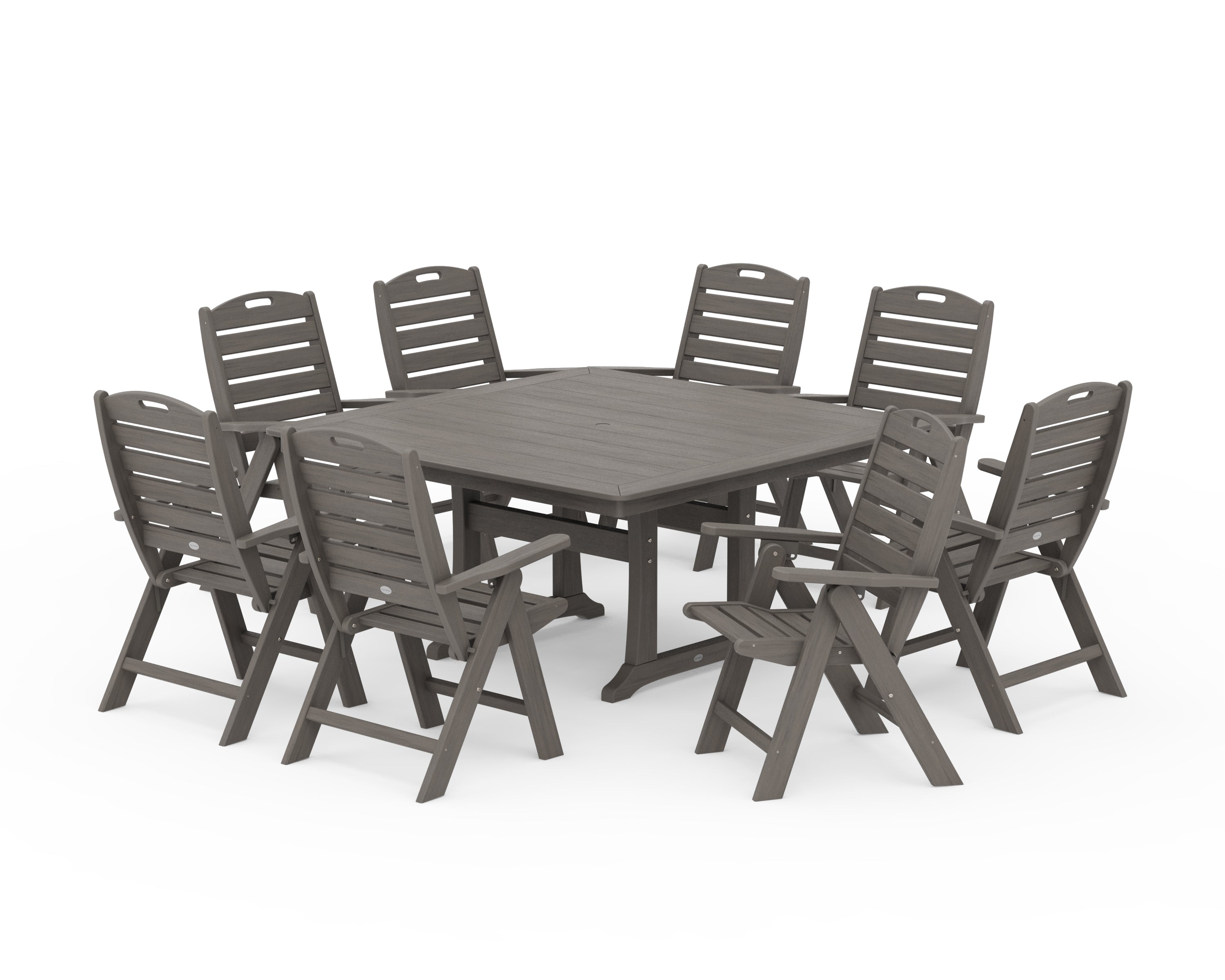 POLYWOOD Nautical Highback 9-Piece Square Dining Set with Trestle Legs in Driftwood