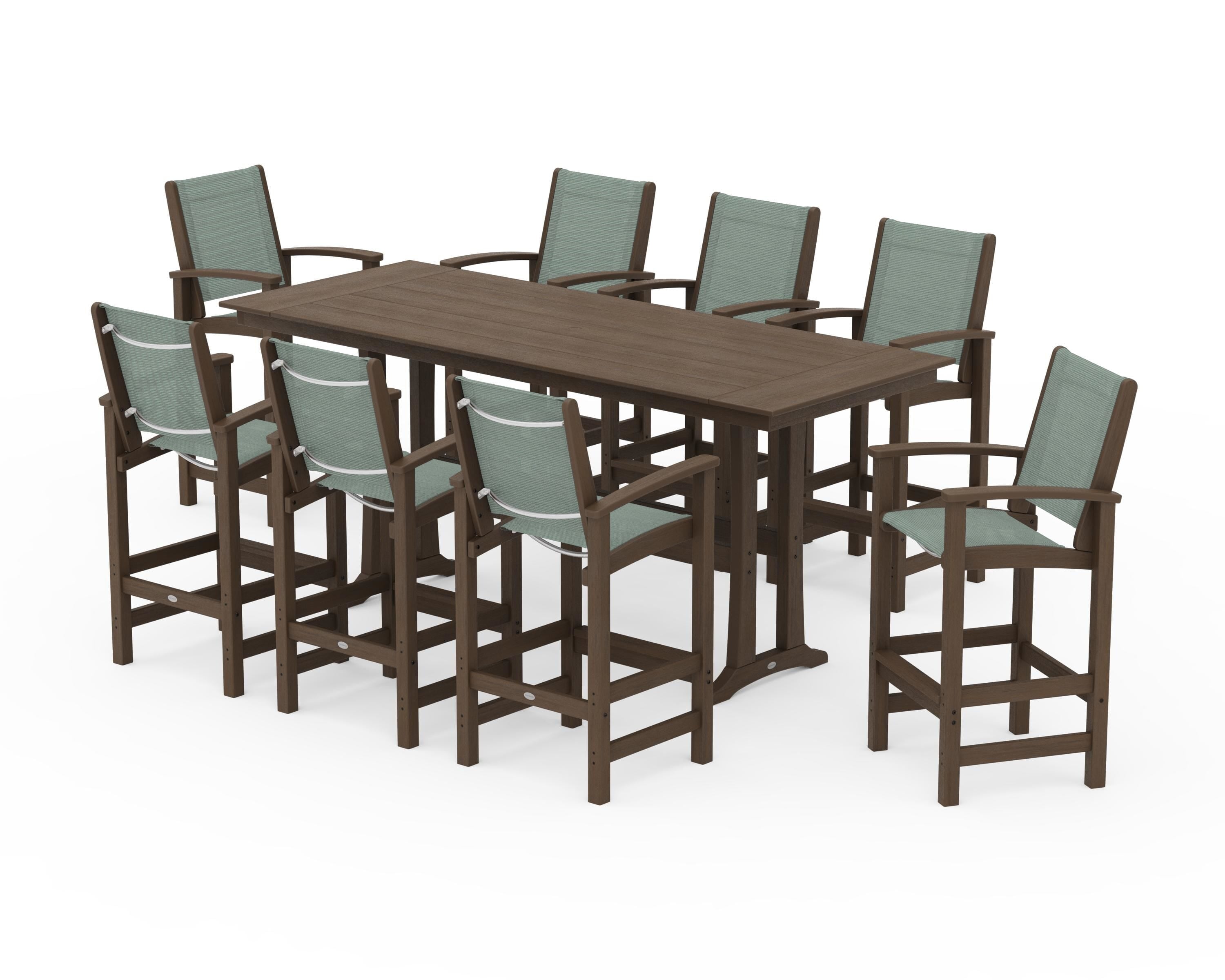 POLYWOOD Coastal 9-Piece Farmhouse Bar Set with Trestle Legs in Kona / Dupioni Sea Mist Sling