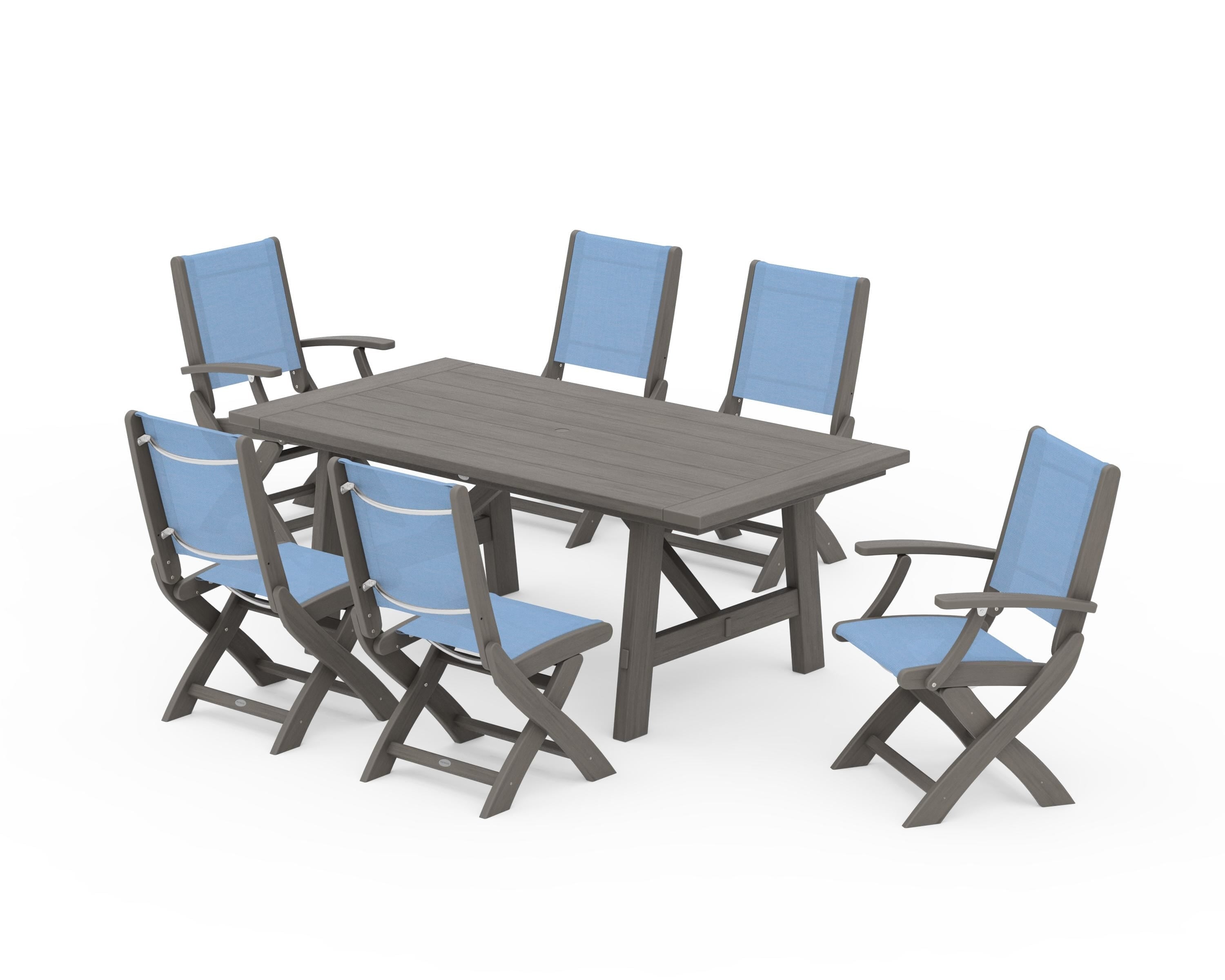 POLYWOOD Coastal Folding Chair 7-Piece Rustic Farmhouse Dining Set in Driftwood / Poolside Sling