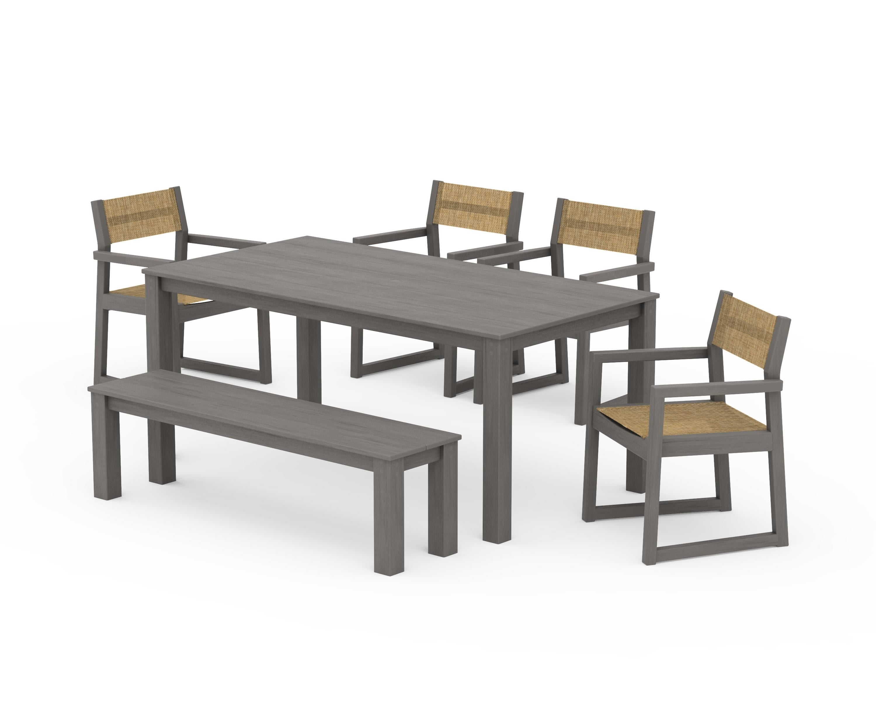 POLYWOOD EDGE Sling Arm Chair 6-Piece Parsons Dining Set with Bench in Driftwood / Burlap Sling