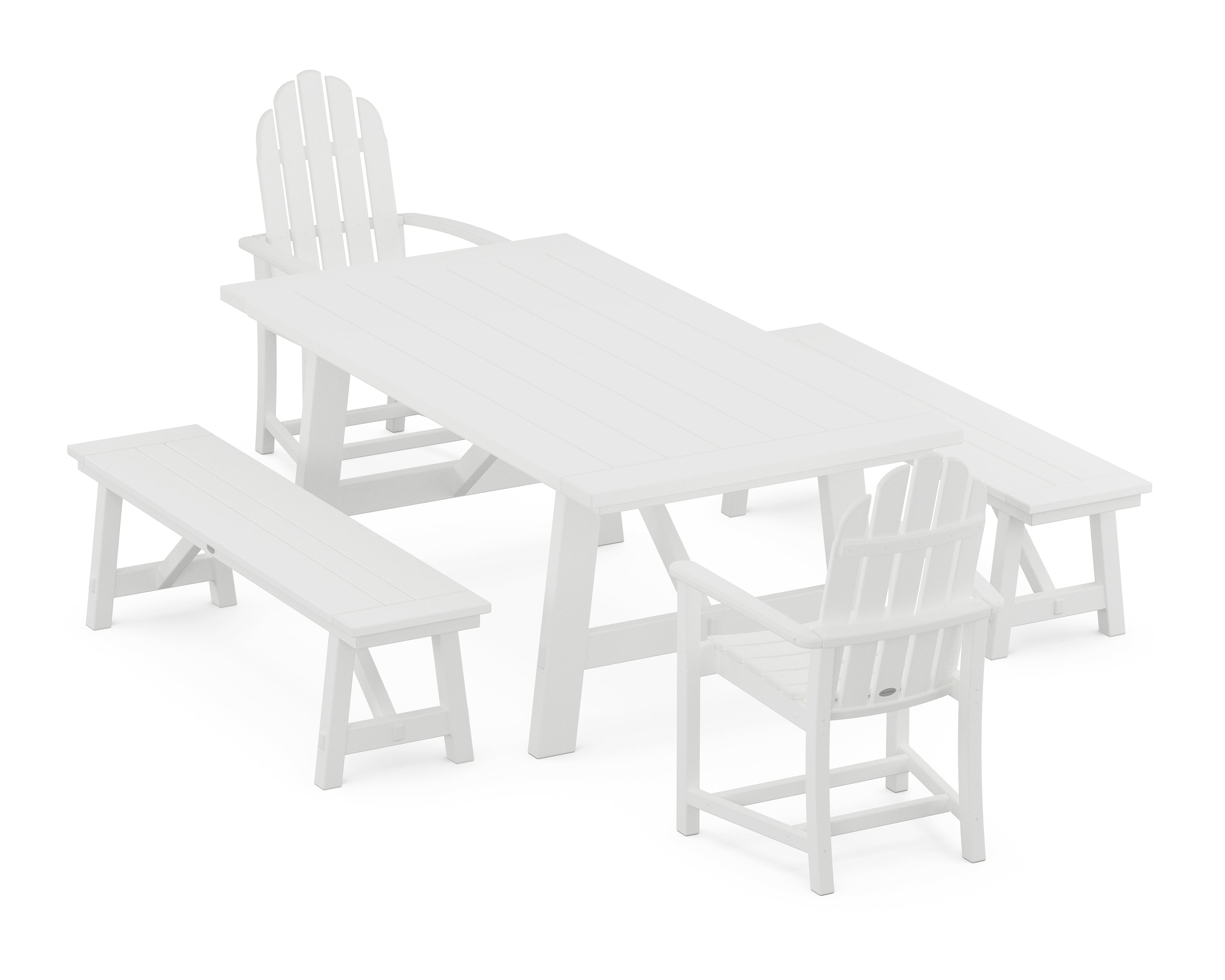 POLYWOOD® Classic Adirondack 5-Piece Rustic Farmhouse Dining Set With Benches in White