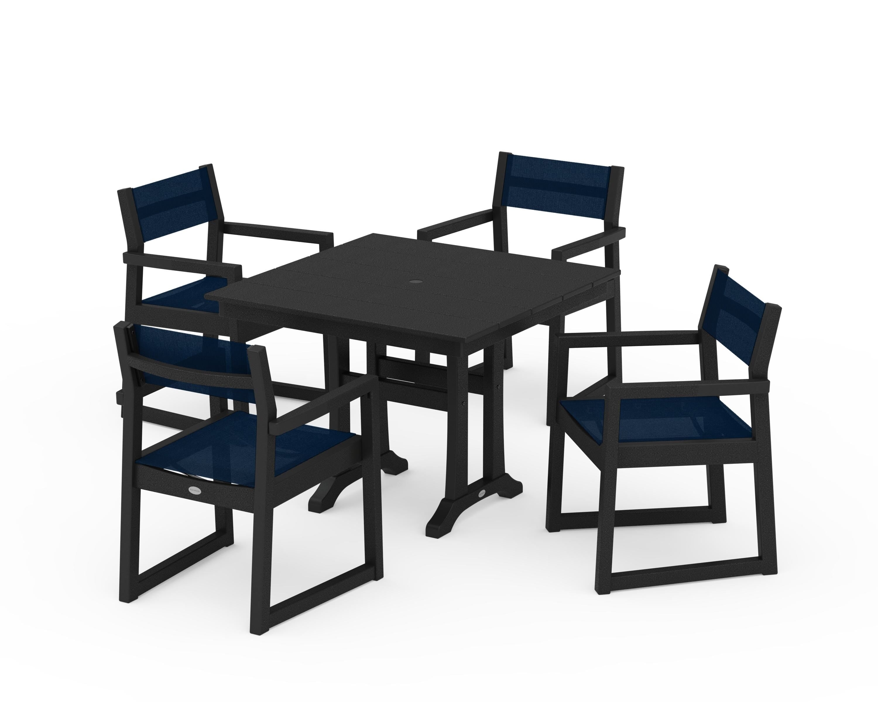 POLYWOOD EDGE Sling 5-Piece Farmhouse Dining Set with Trestle Legs in Black / Navy Blue Sling