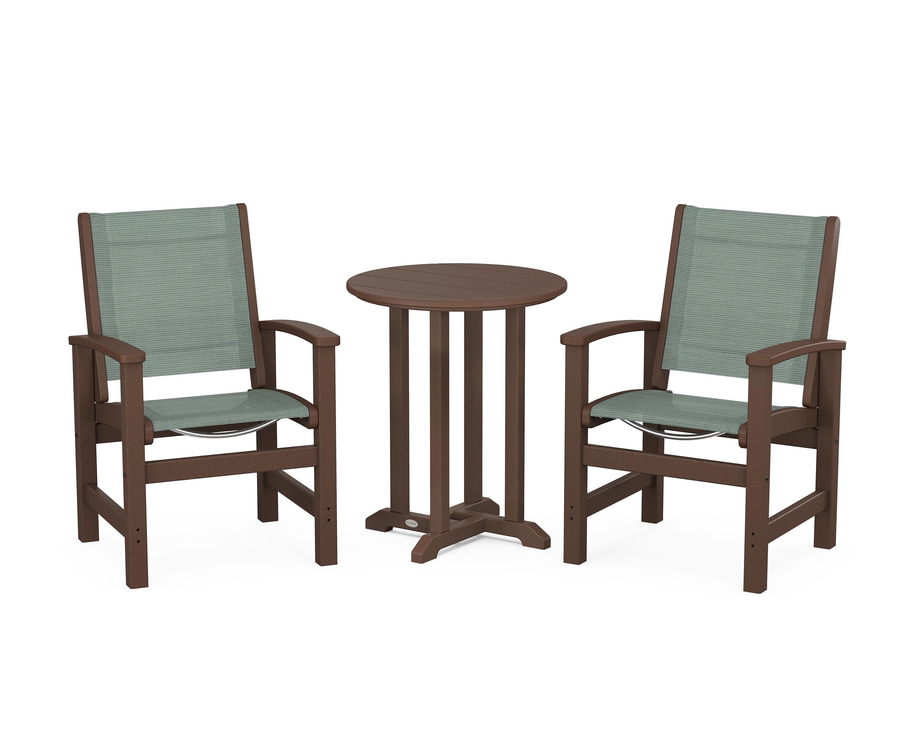 POLYWOOD Coastal 3-Piece Round Bistro Dining Set in Mahogany / Dupioni Sea Mist Sling