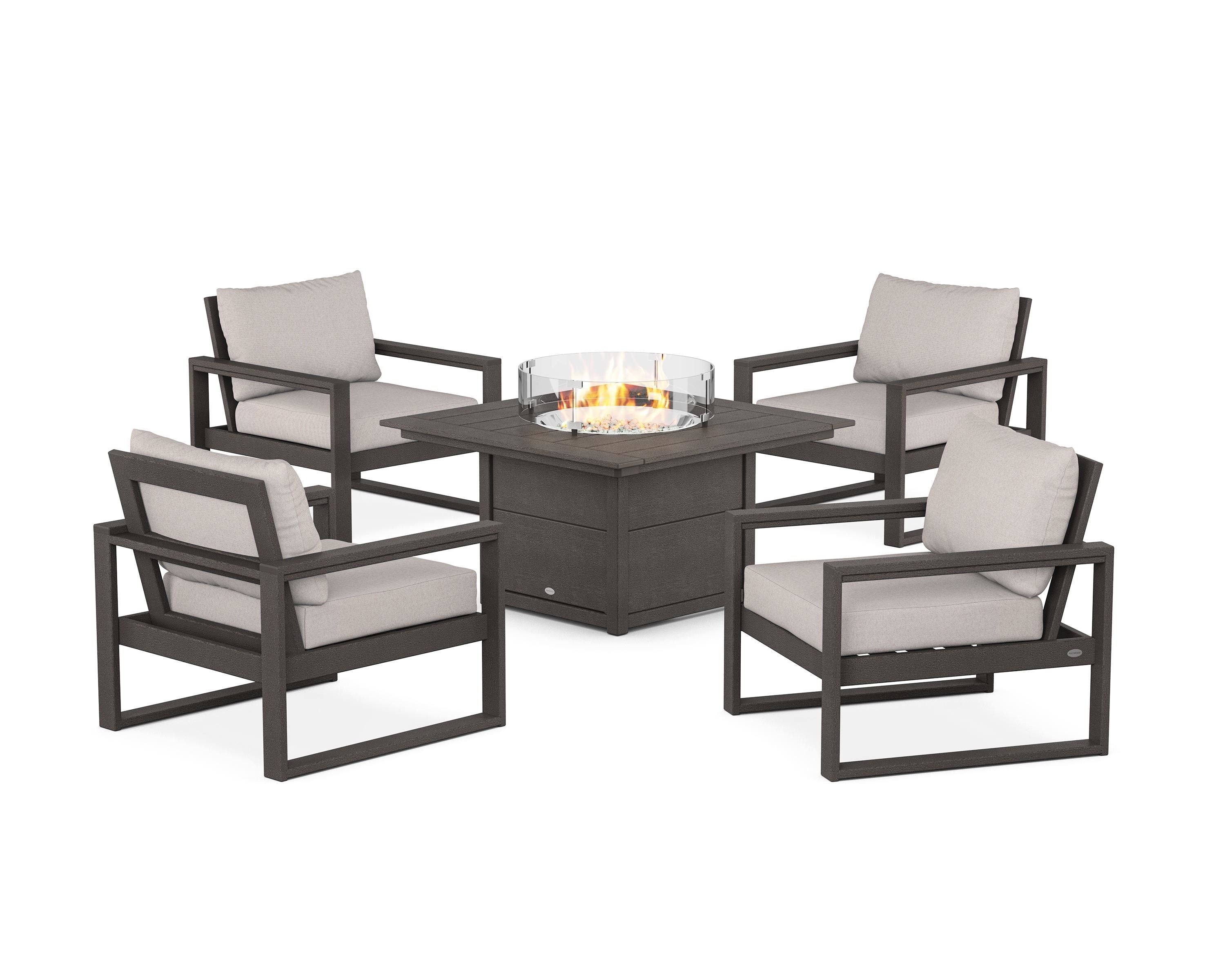 POLYWOOD EDGE Sectional 5-Piece Deep Seating Set with Fire Pit Table in Vintage Coffee / Dune Burlap