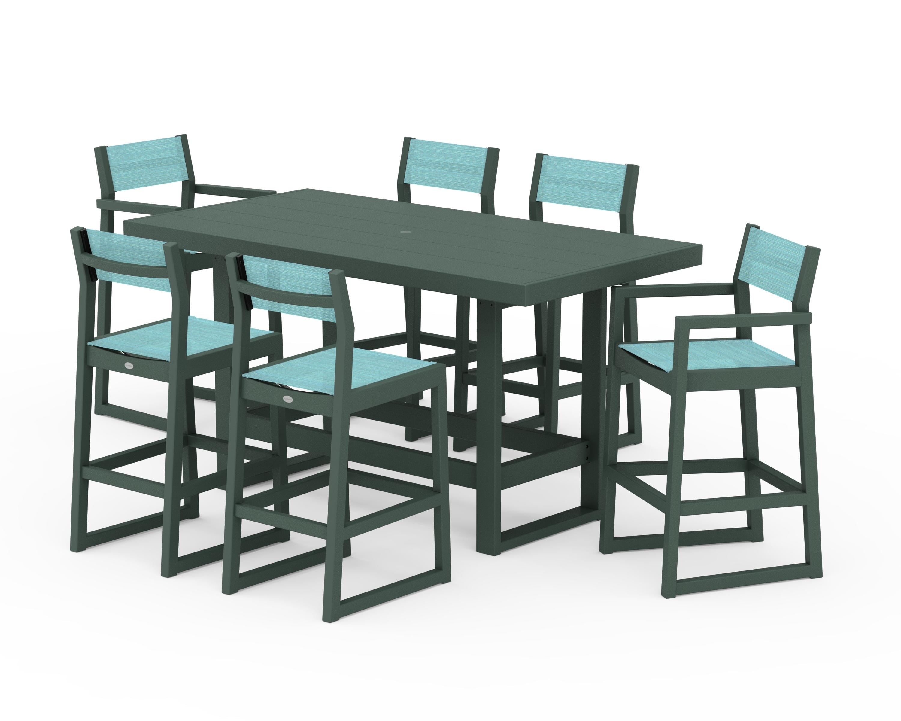 POLYWOOD EDGE Sling 7-Piece Bar Table Set in Green / Dupioni Aquamarine Sling