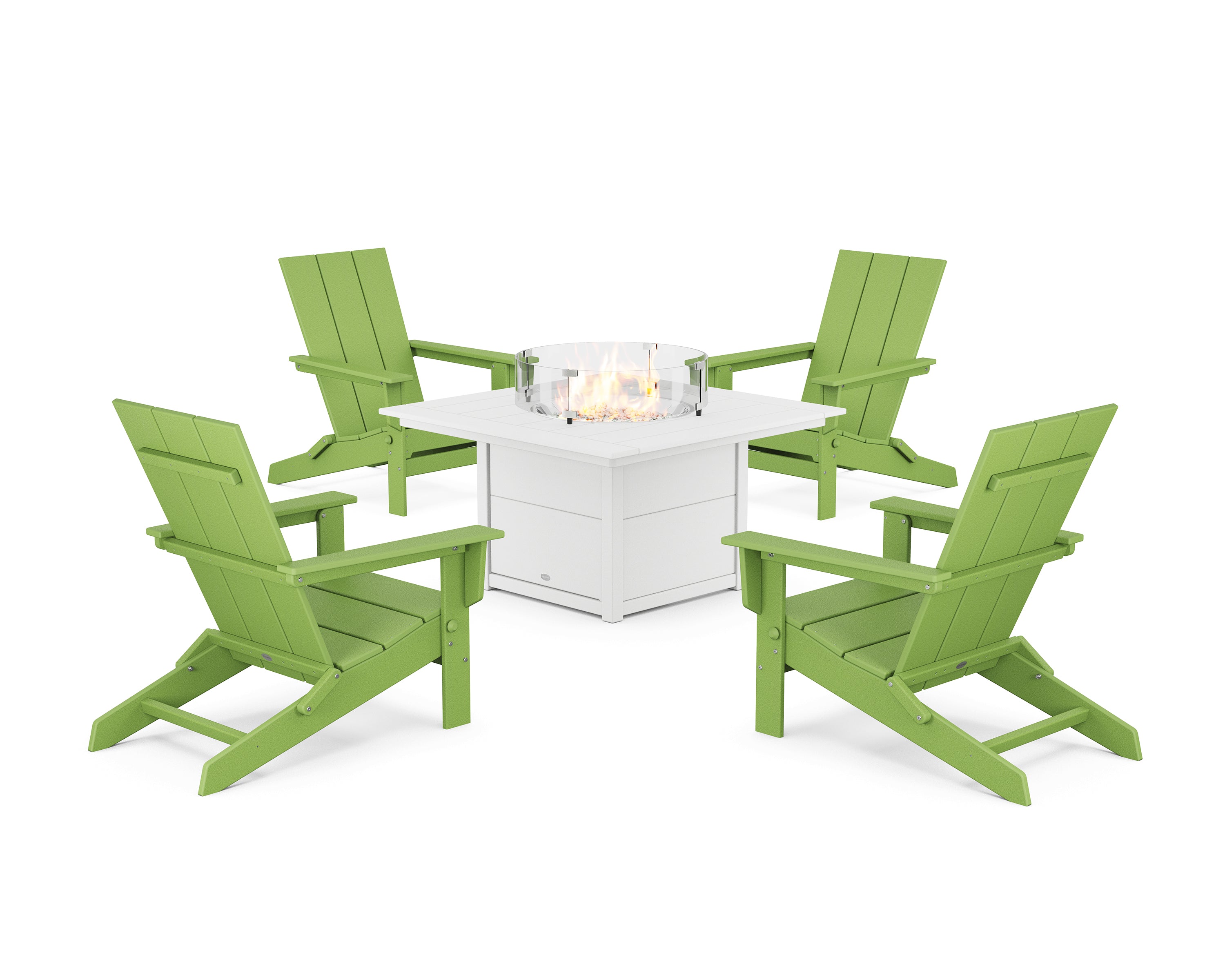 POLYWOOD® 5-Piece Modern Studio Folding Adirondack Conversation Set with Fire Pit Table in Lime / White