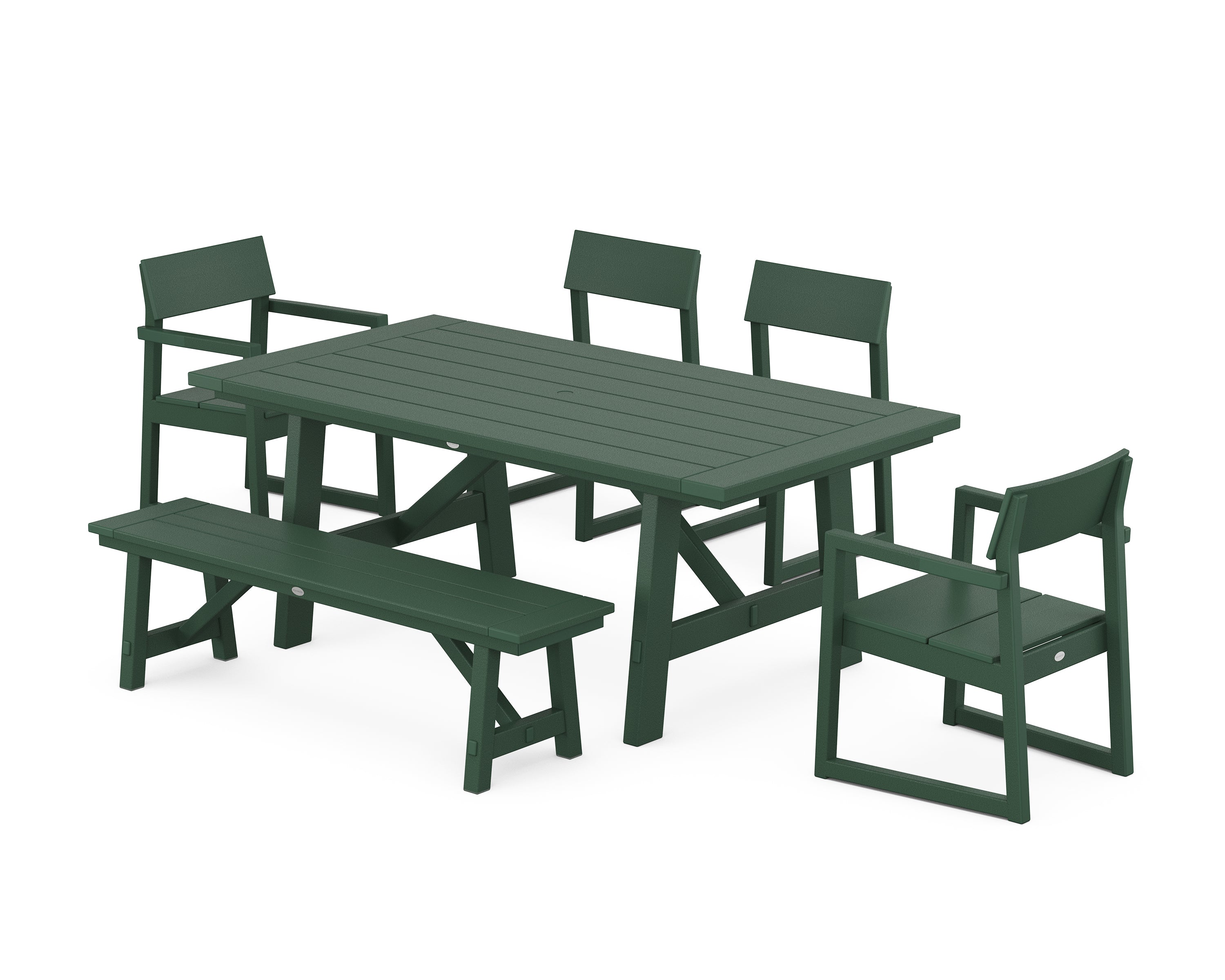 POLYWOOD® EDGE 6-Piece Rustic Farmhouse Dining Set with Bench in Green