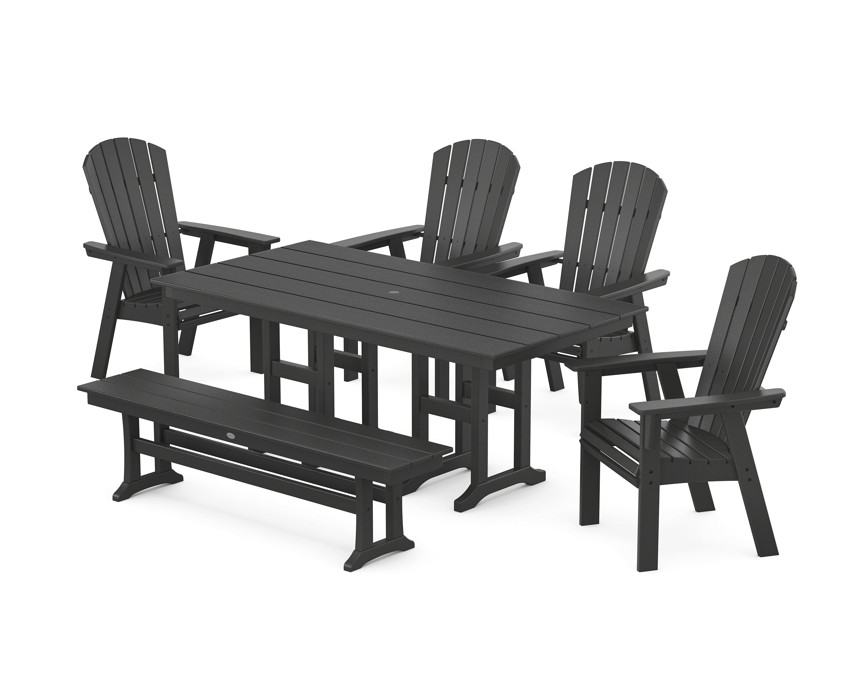 POLYWOOD Nautical Curveback Adirondack 6-Piece Farmhouse Dining Set with Bench in Black