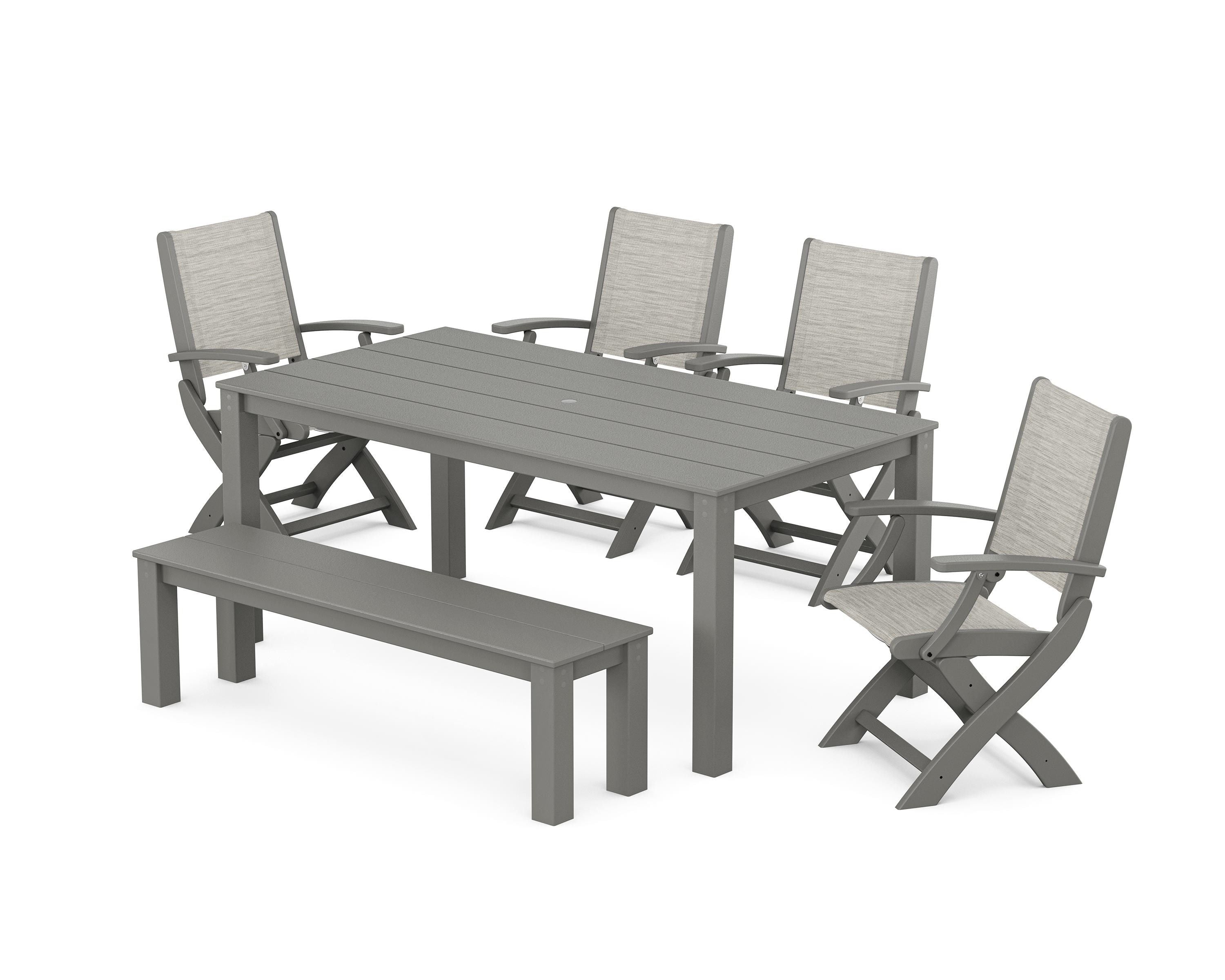 POLYWOOD Coastal Folding Chair 6-Piece Parsons Dining Set with Bench in Slate Grey / Birch Sling