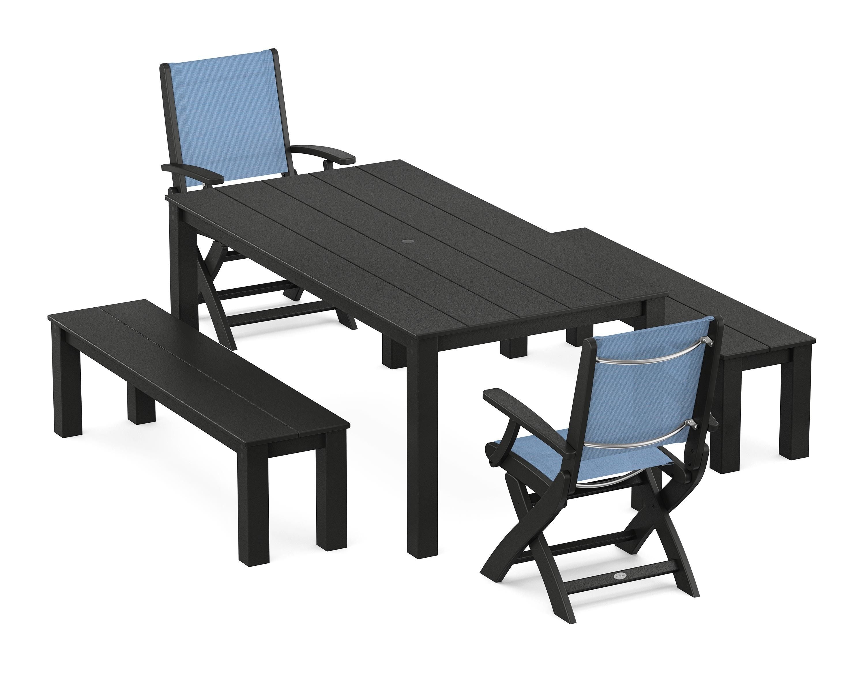 POLYWOOD Coastal Folding Chair 5-Piece Parsons Dining Set with Benches in Black / Poolside Sling