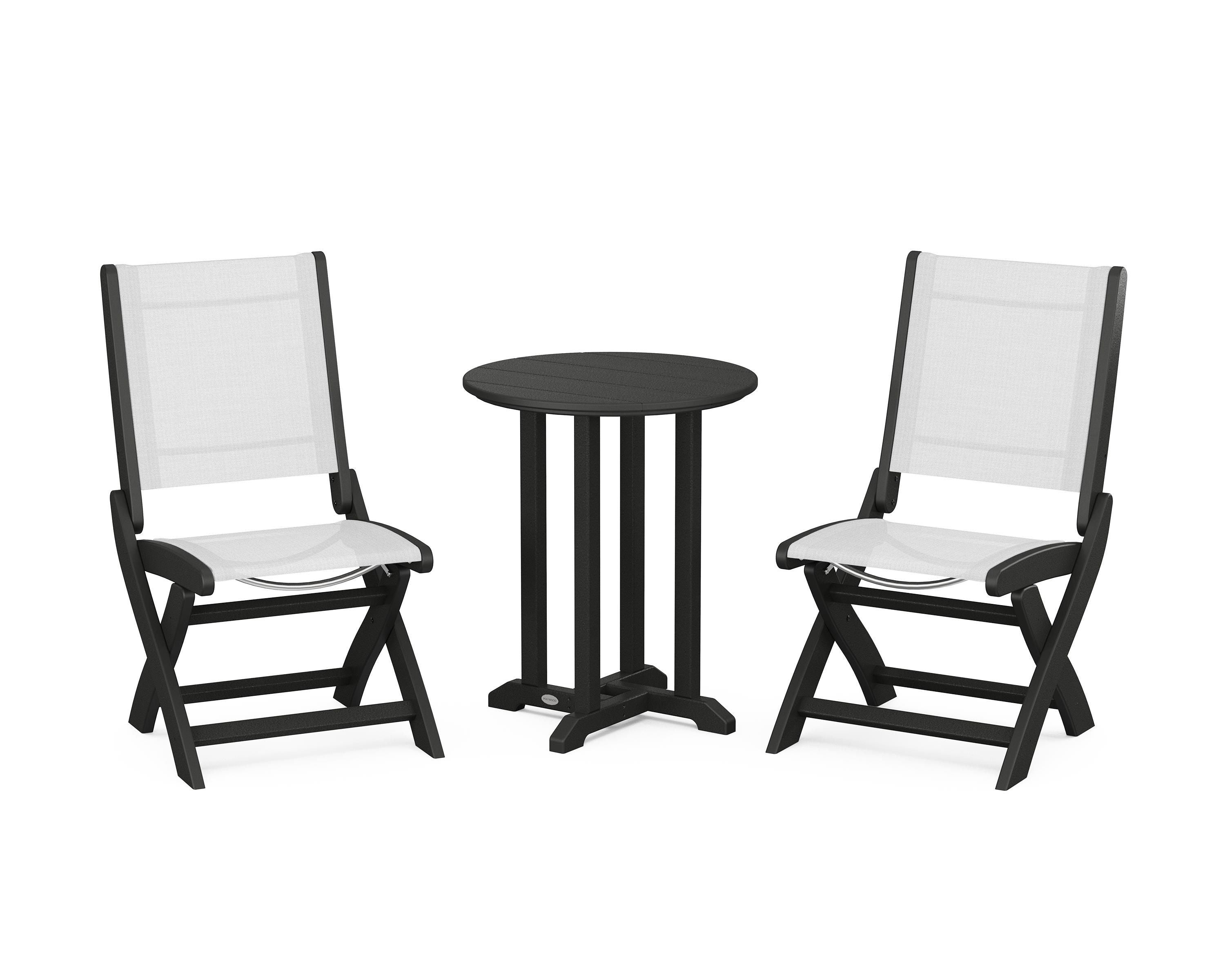 POLYWOOD Coastal Folding Side Chair 3-Piece Round Bistro Dining Set in Black / White Sling
