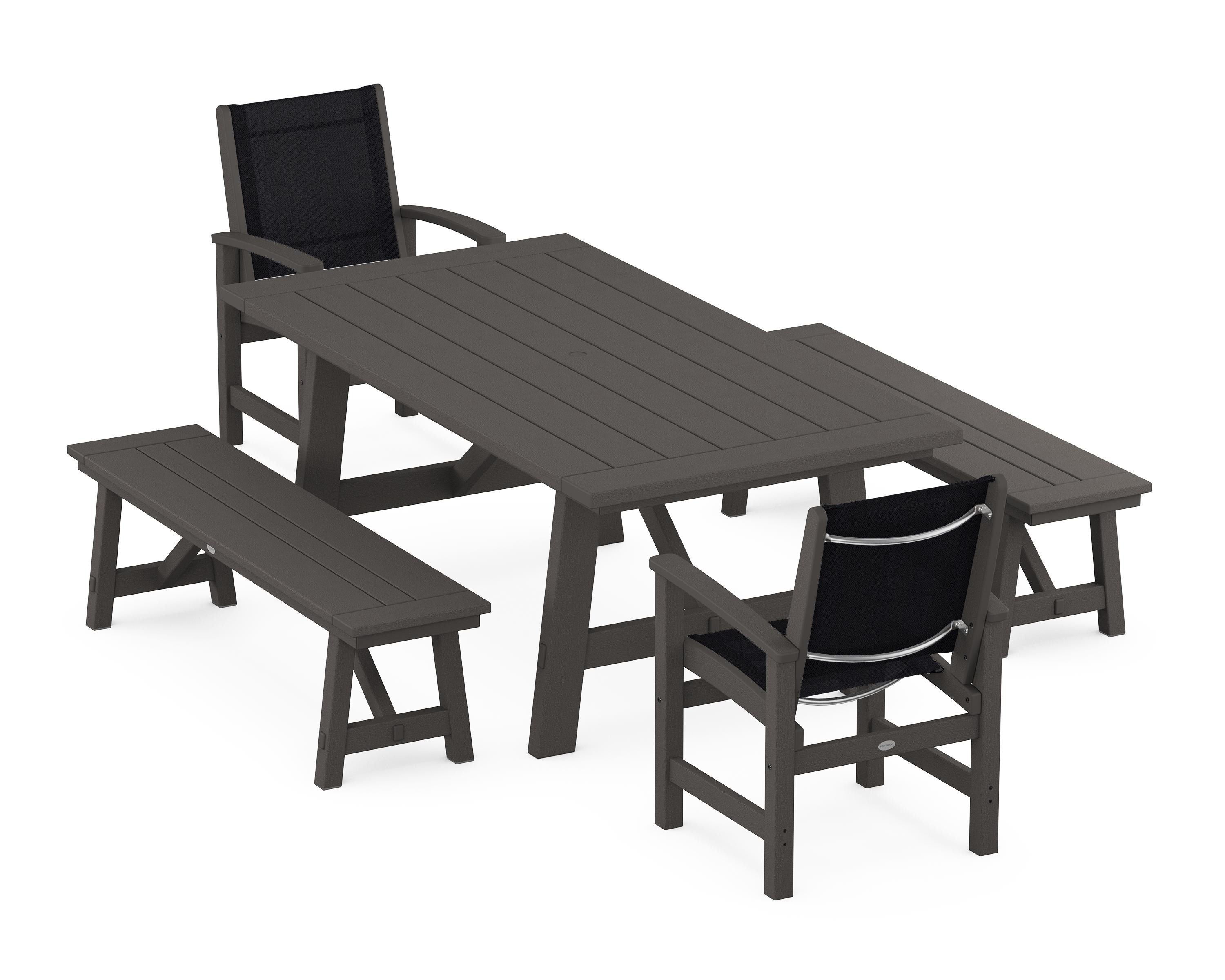 POLYWOOD Coastal 5-Piece Rustic Farmhouse Dining Set With Benches in Vintage Coffee / Black Sling
