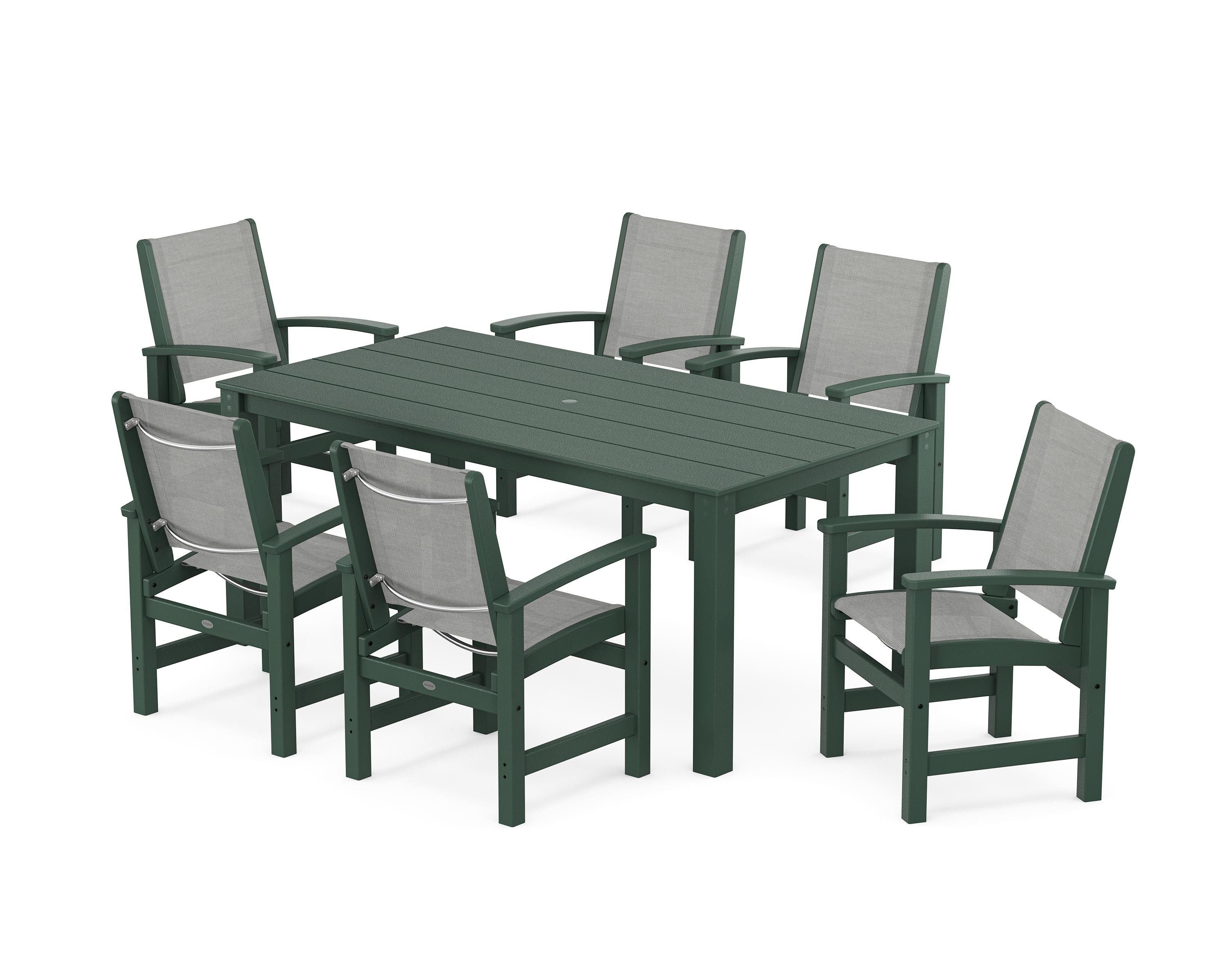 POLYWOOD Coastal 7-Piece Parsons Dining Set in Green / Metallic Sling