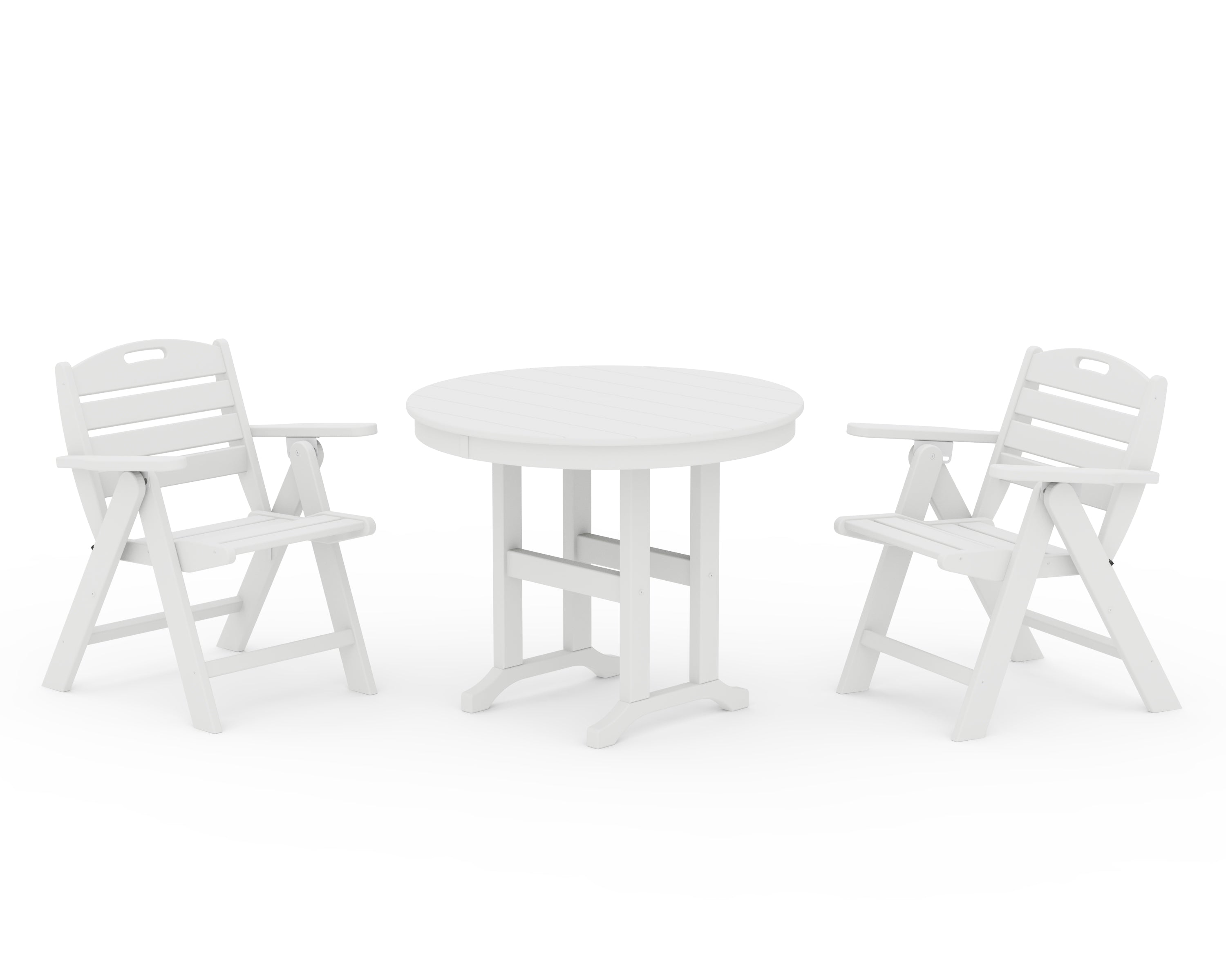 POLYWOOD Nautical Folding Lowback Chair 3-Piece Round Dining Set in White