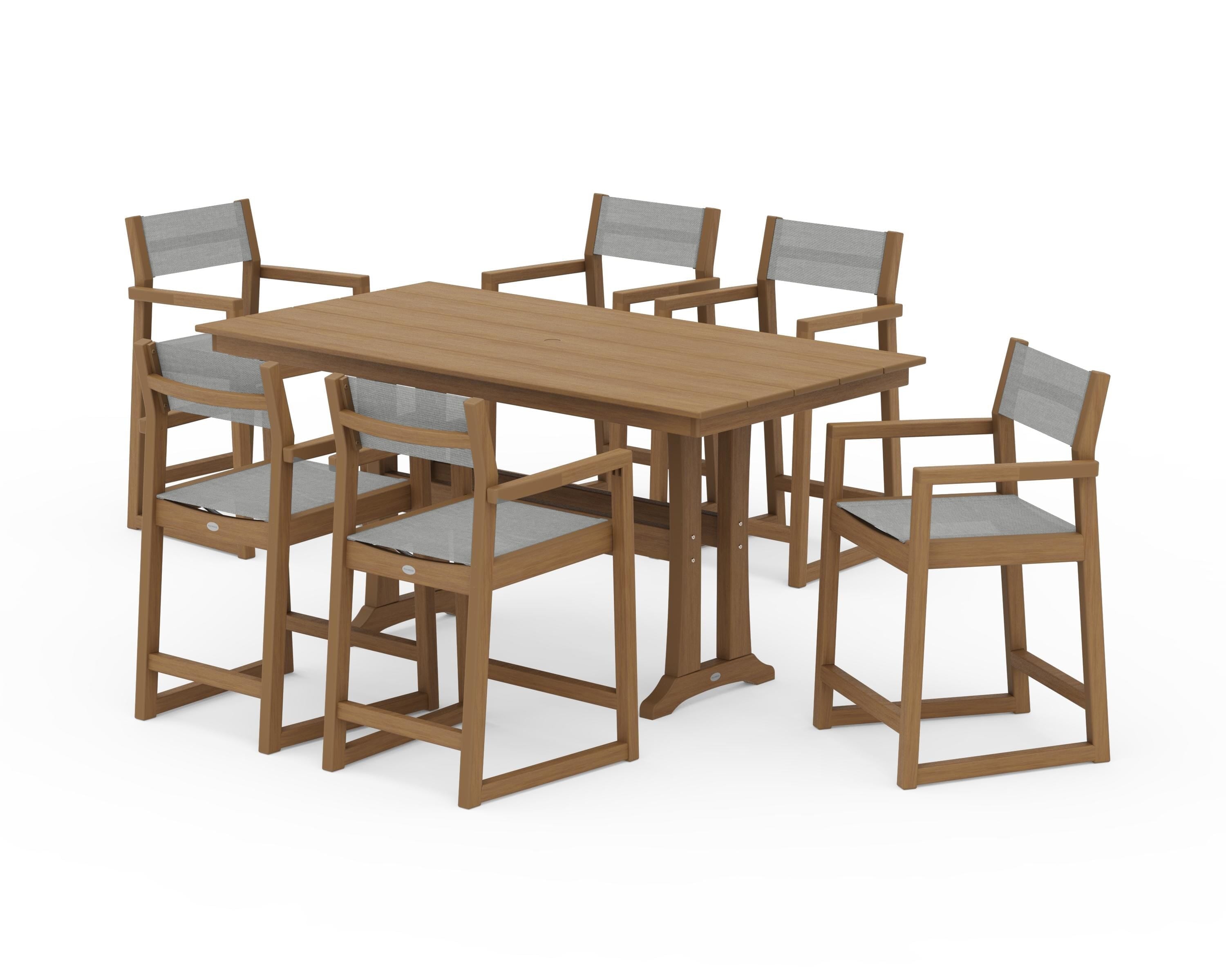 POLYWOOD EDGE Sling Arm Chair 7-Piece Farmhouse Counter Set with Trestle Legs in Natural / Metallic Sling