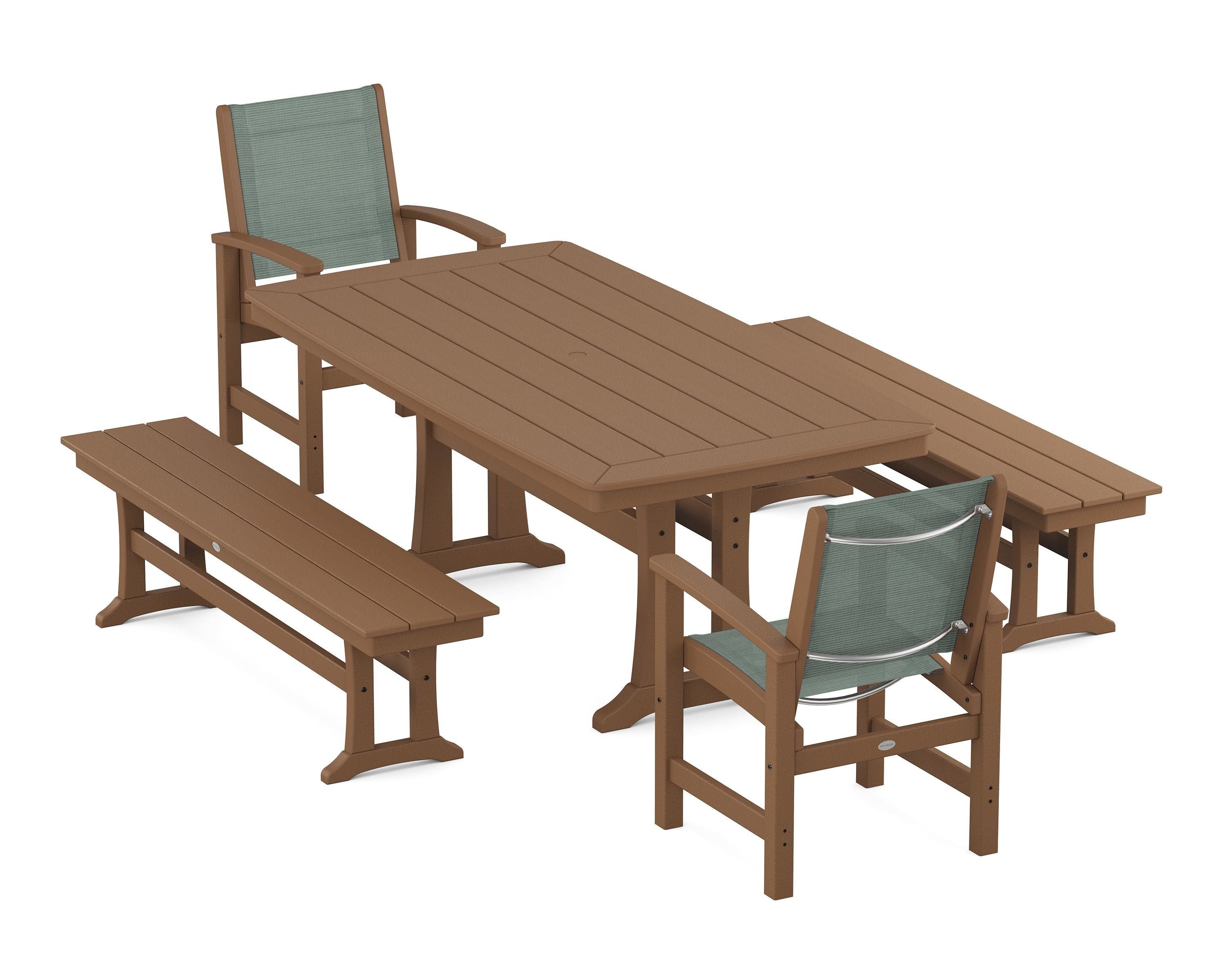 POLYWOOD Coastal 5-Piece Dining Set with Trestle Legs and Benches in Teak / Dupioni Sea Mist Sling