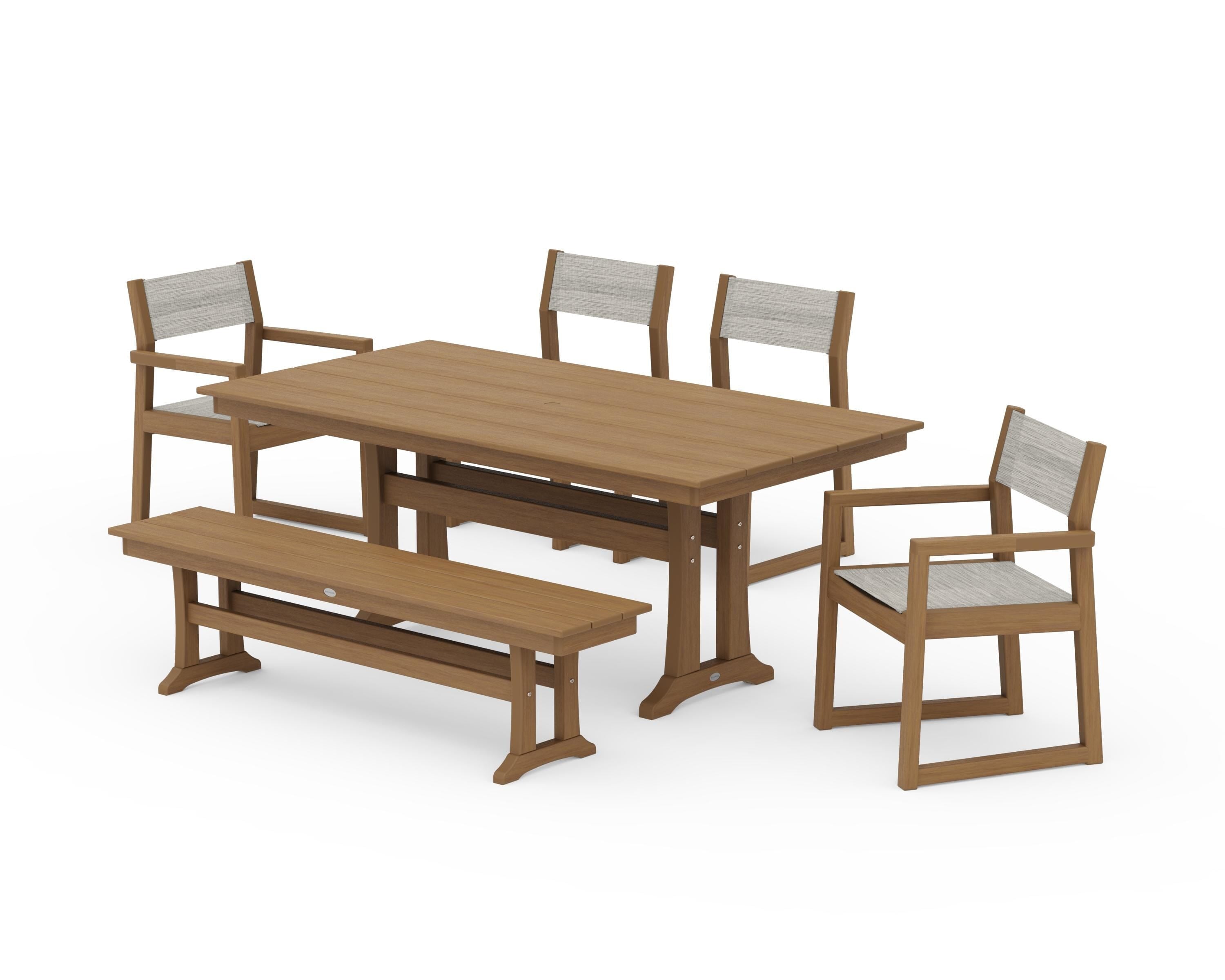 POLYWOOD EDGE Sling 6-Piece Farmhouse Dining Set With Trestle Legs in Natural / Birch Sling