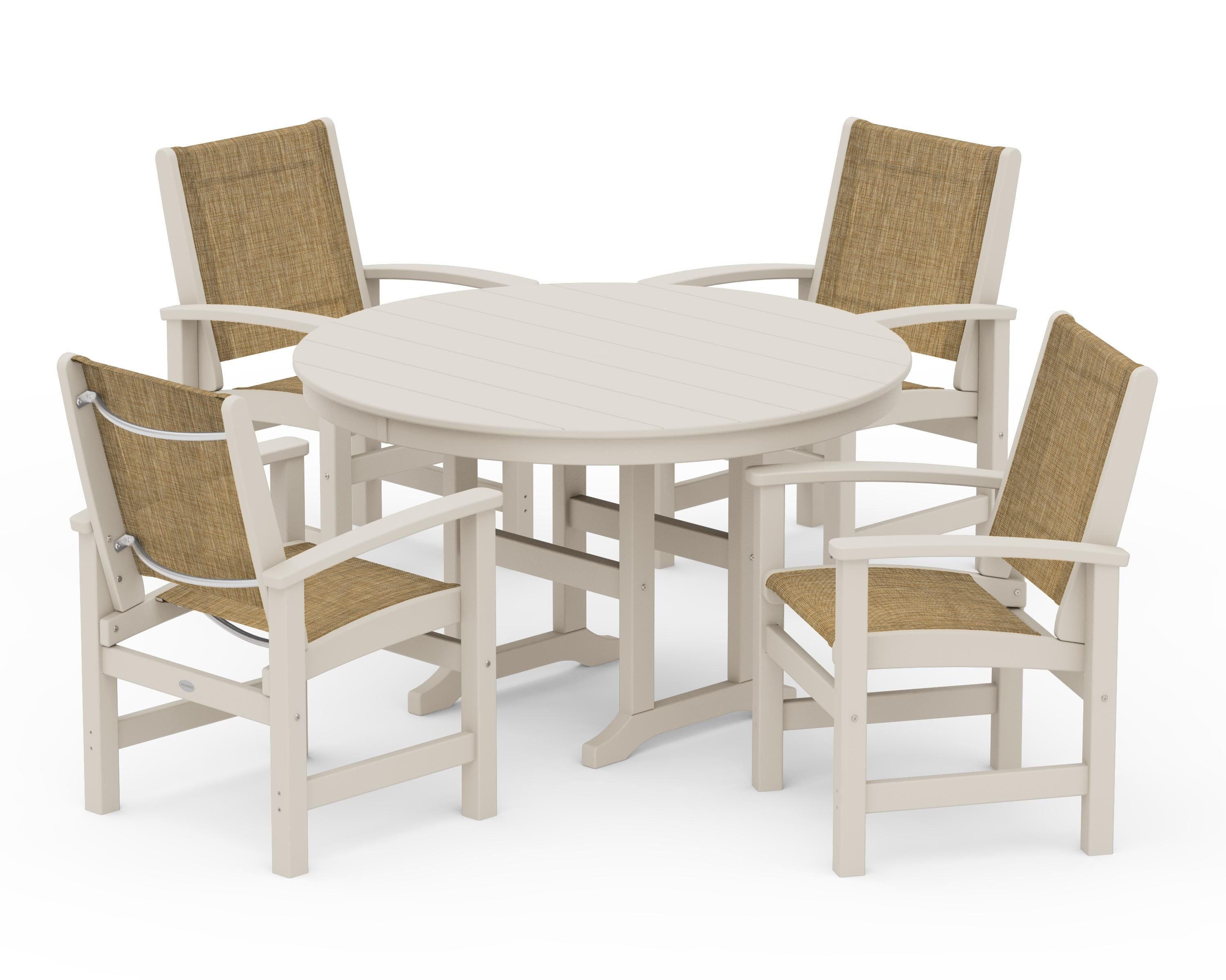 POLYWOOD Coastal 5-Piece Round Farmhouse Dining Set in Sand / Burlap Sling