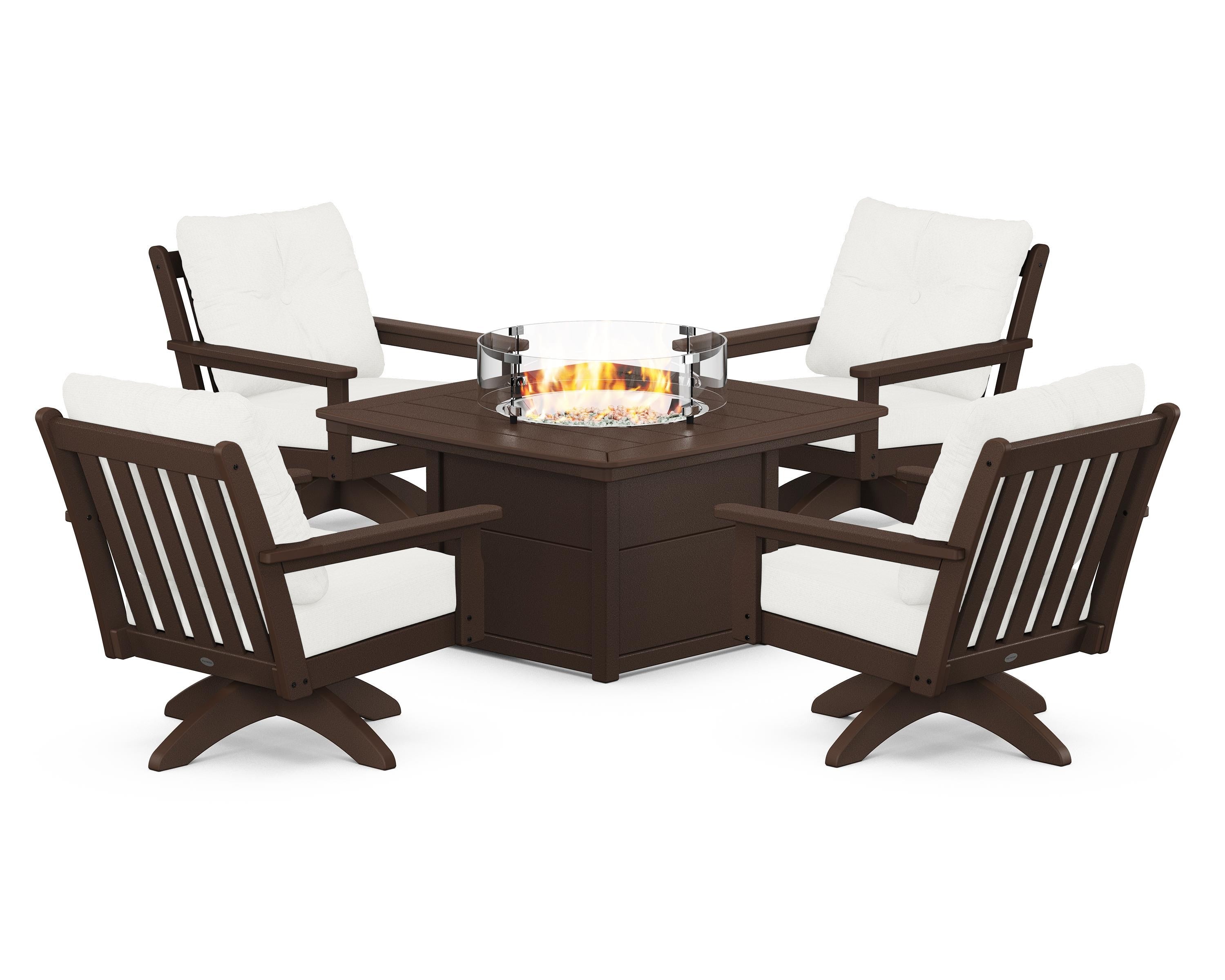 POLYWOOD Vineyard 5-Piece Deep Seating Swivel Conversation Set with Fire Pit Table in Mahogany / Natural Linen