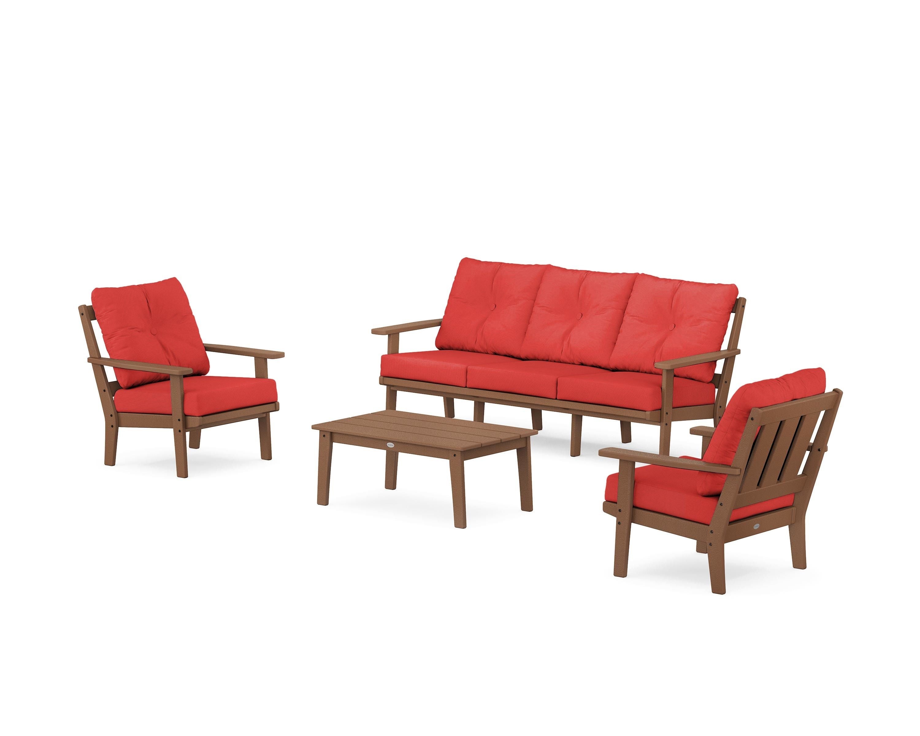 POLYWOOD Oxford 4-Piece Deep Seating Set with Sofa in Teak / Crimson Linen
