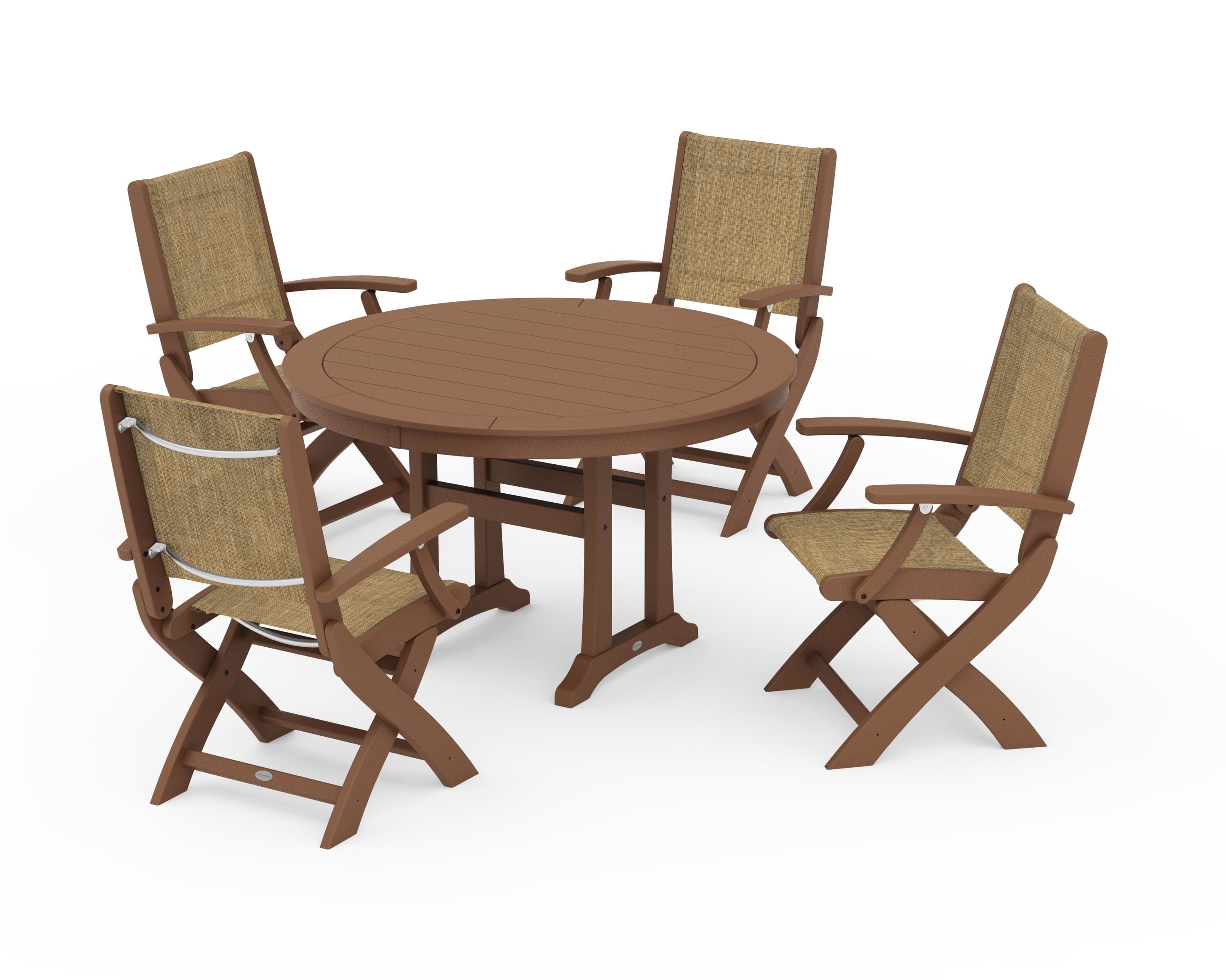 POLYWOOD Coastal Folding Chair 5-Piece Round Dining Set with Trestle Legs in Teak / Burlap Sling
