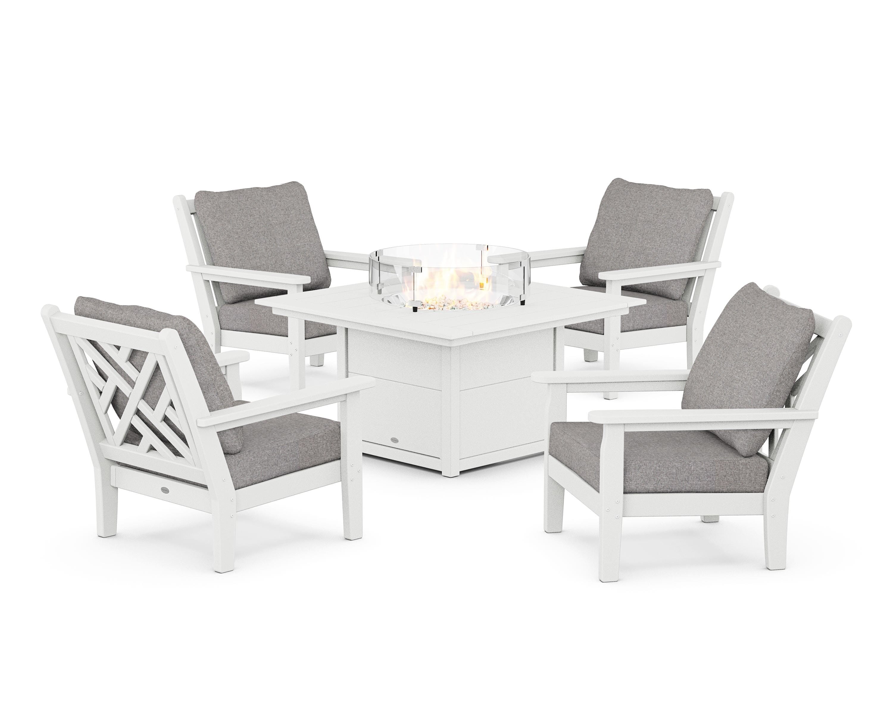 POLYWOOD Chippendale 5-Piece Deep Seating Set with Fire Pit Table in White / Grey Mist