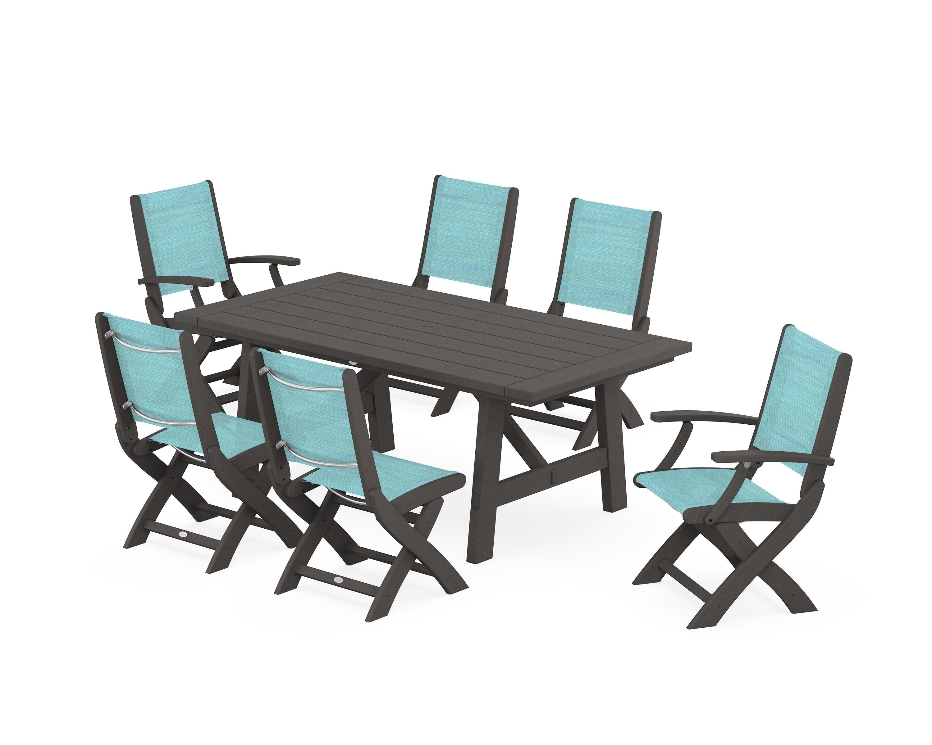 POLYWOOD Coastal Folding Chair 7-Piece Rustic Farmhouse Dining Set in Vintage Coffee / Dupioni Aquamarine Sling