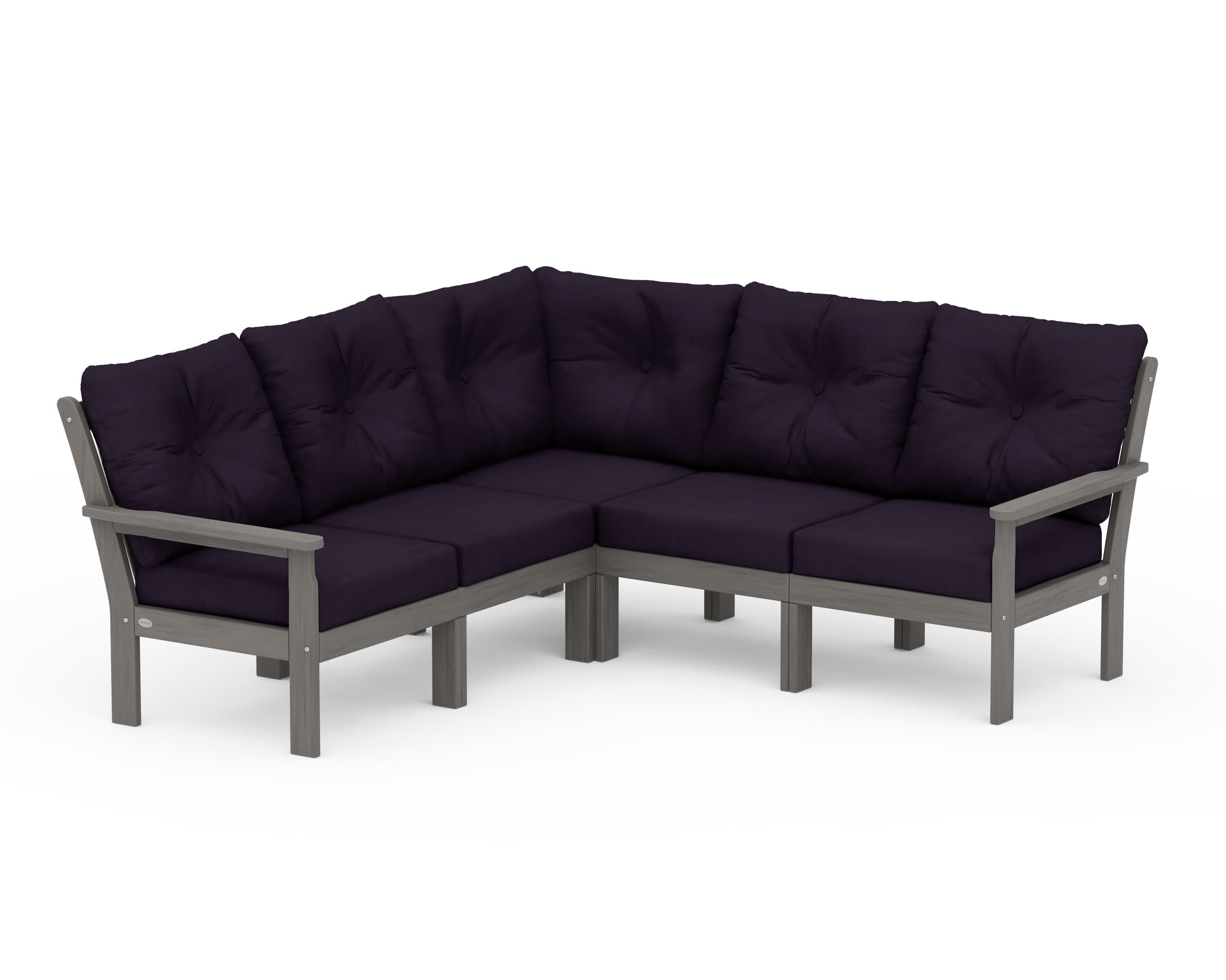 POLYWOOD Vineyard 5-Piece Sectional in Driftwood / Navy Linen