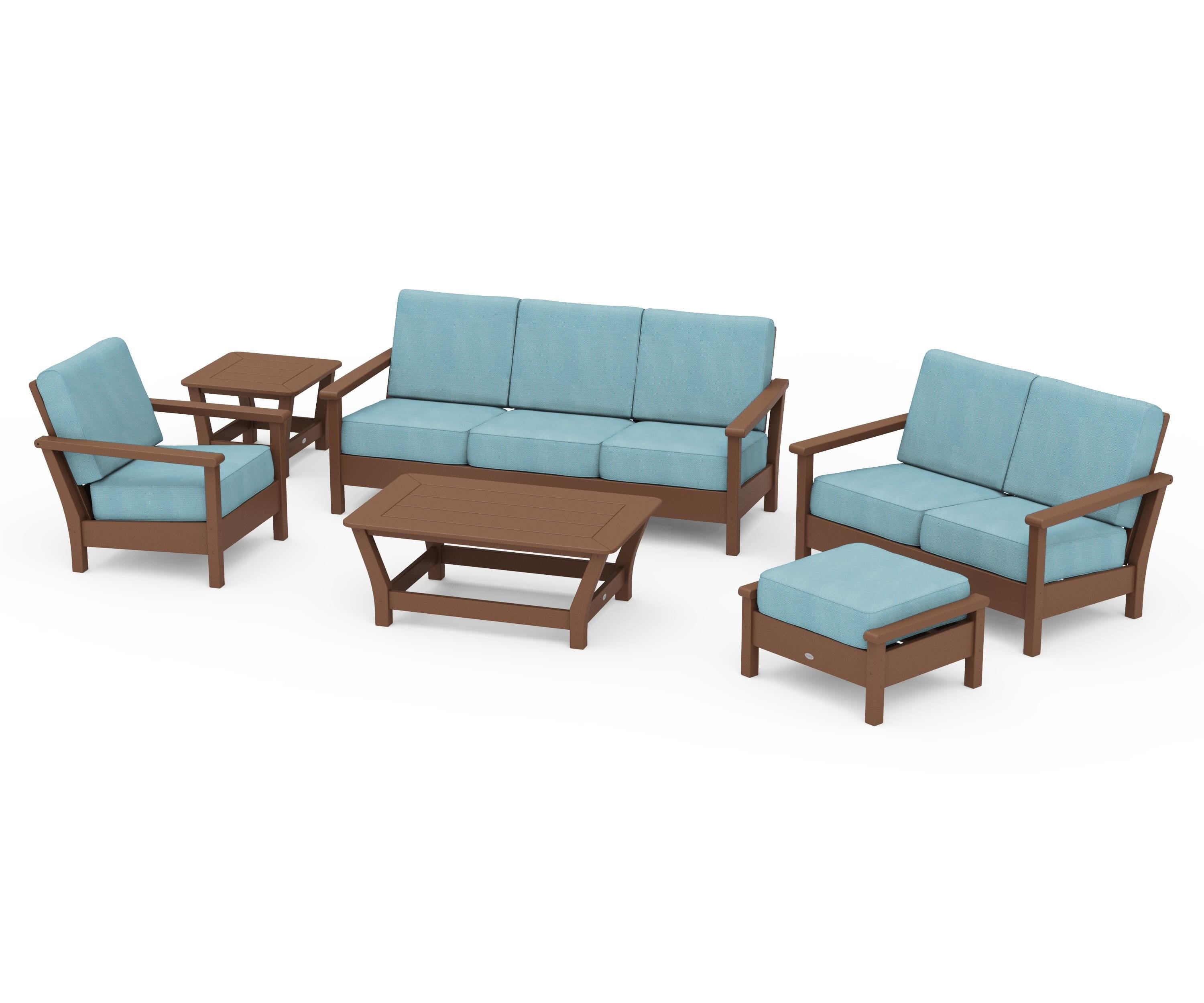POLYWOOD Harbour 6-Piece Outdoor Living Set in Teak / Lattice Sky Blue