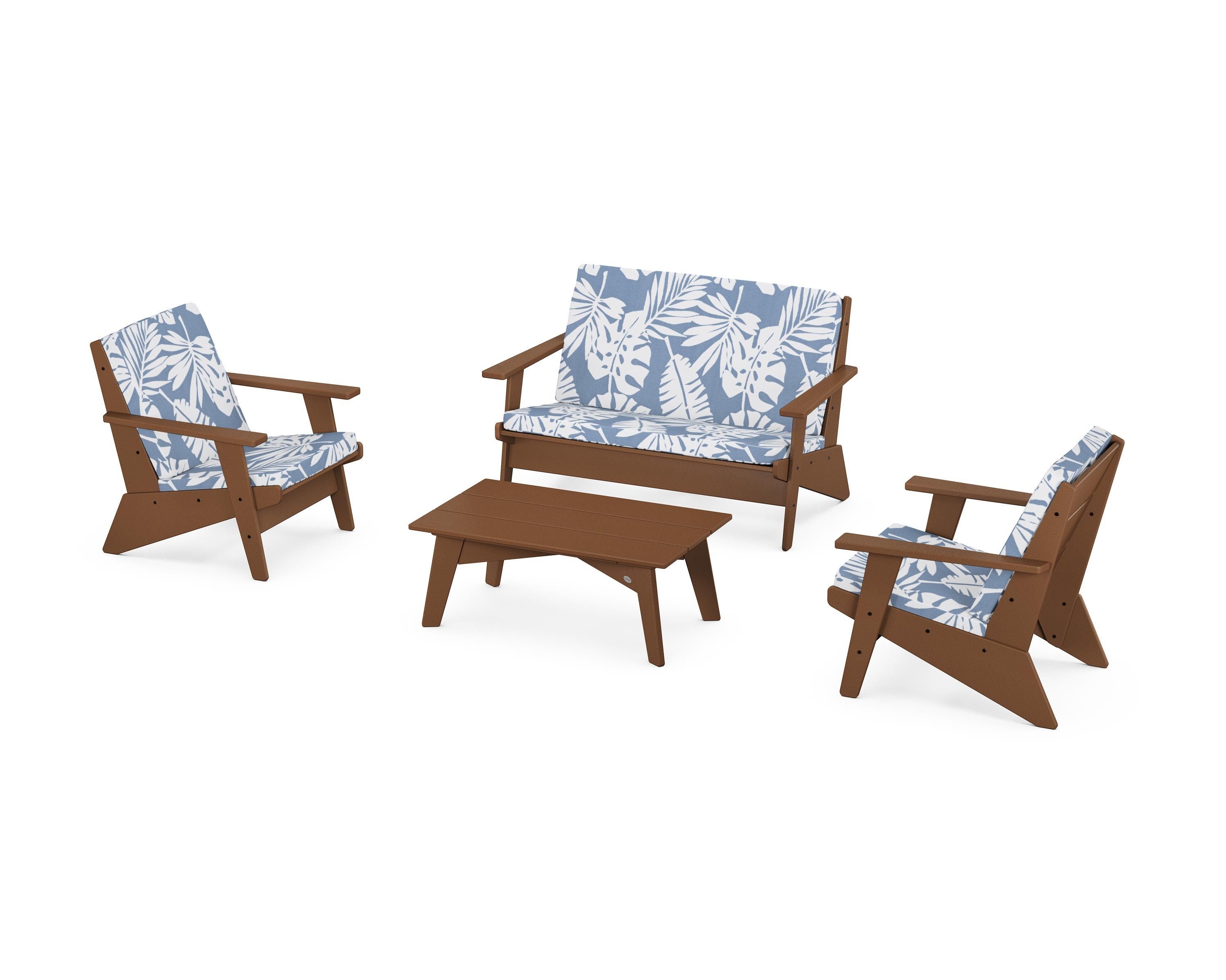 POLYWOOD Riviera Modern Lounge 4-Piece Set in Teak / Leaf Sky Blue