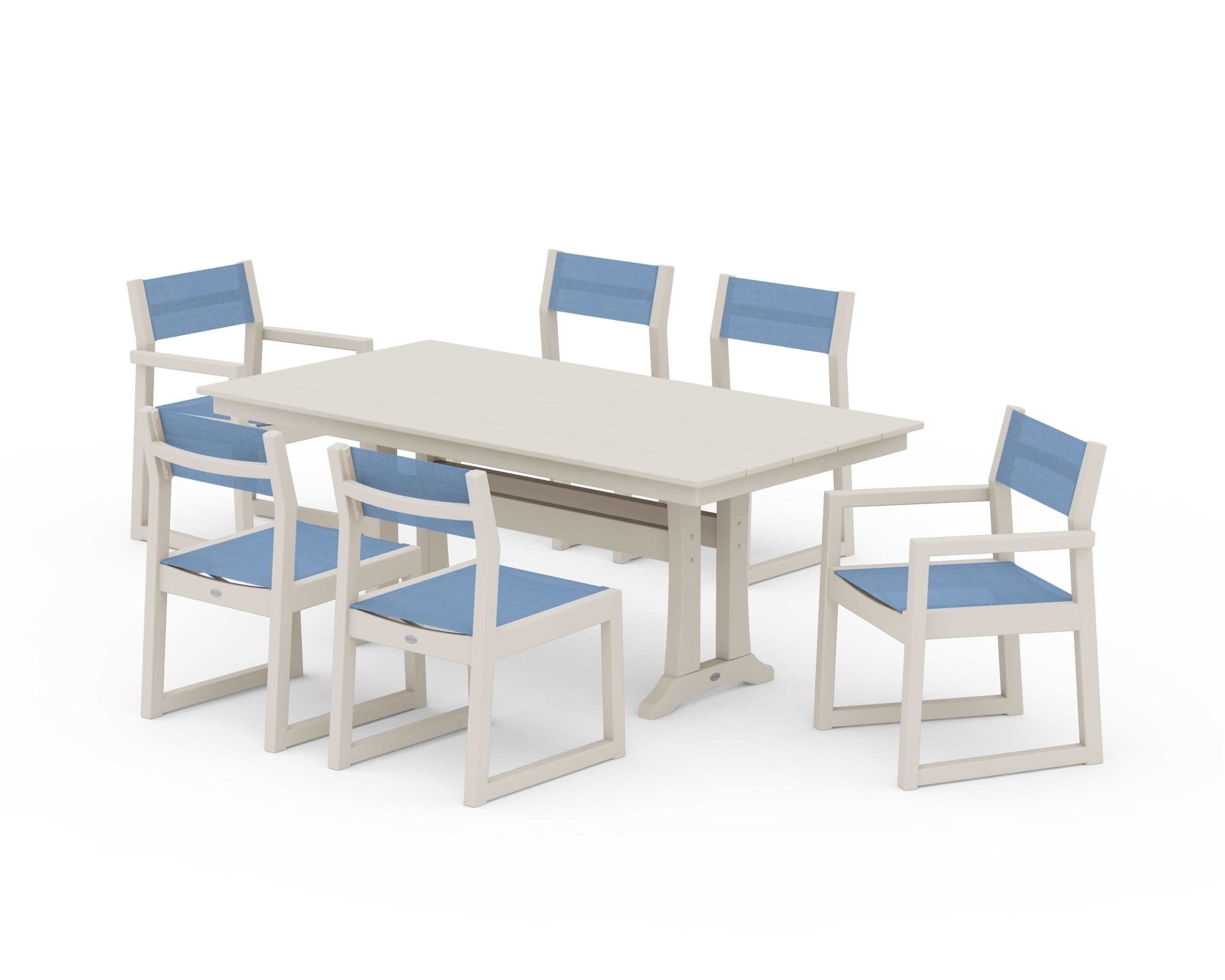 POLYWOOD EDGE Sling 7-Piece Farmhouse Trestle Dining Set in Sand / Poolside Sling