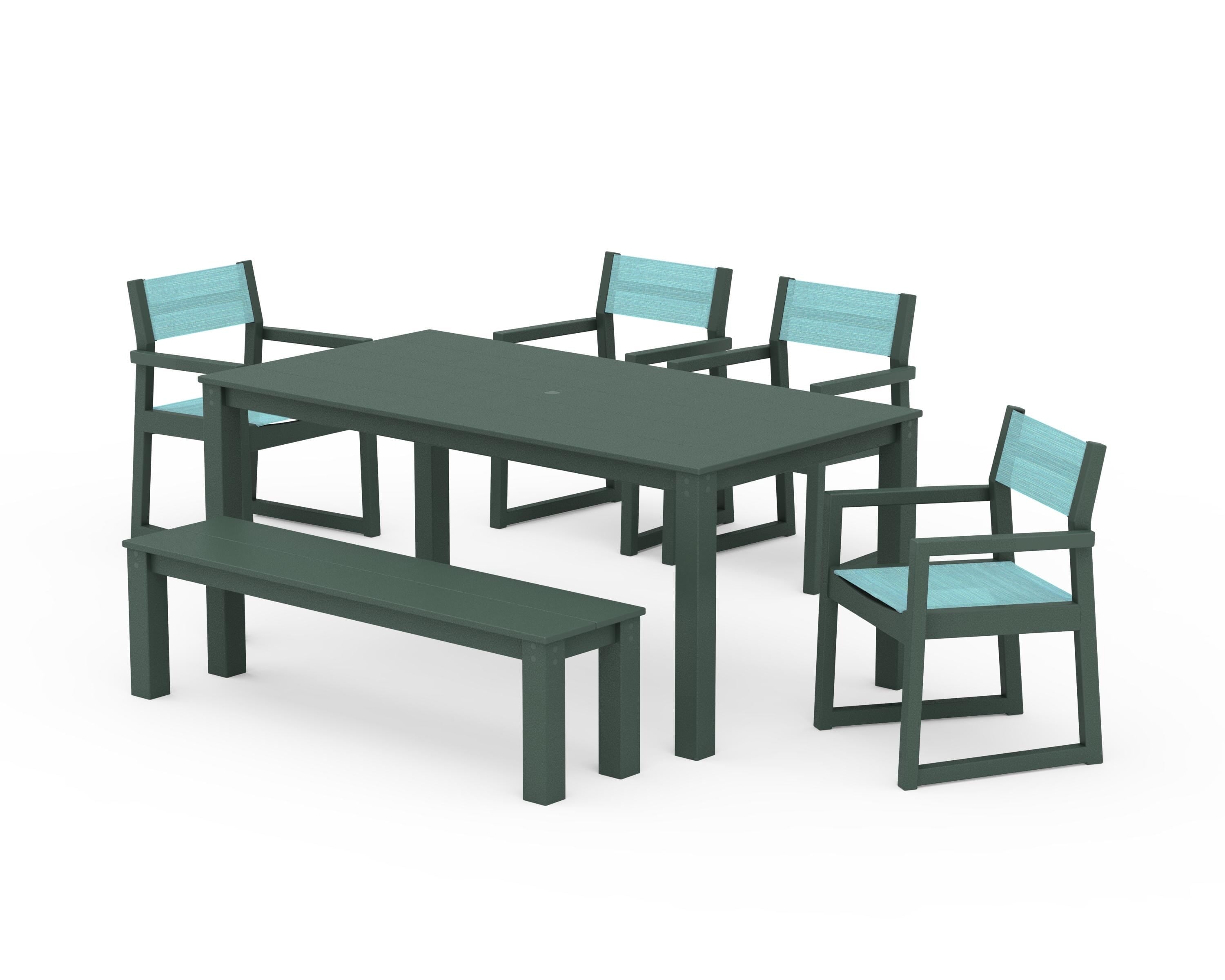 POLYWOOD EDGE Sling Arm Chair 6-Piece Parsons Dining Set with Bench in Green / Dupioni Aquamarine Sling
