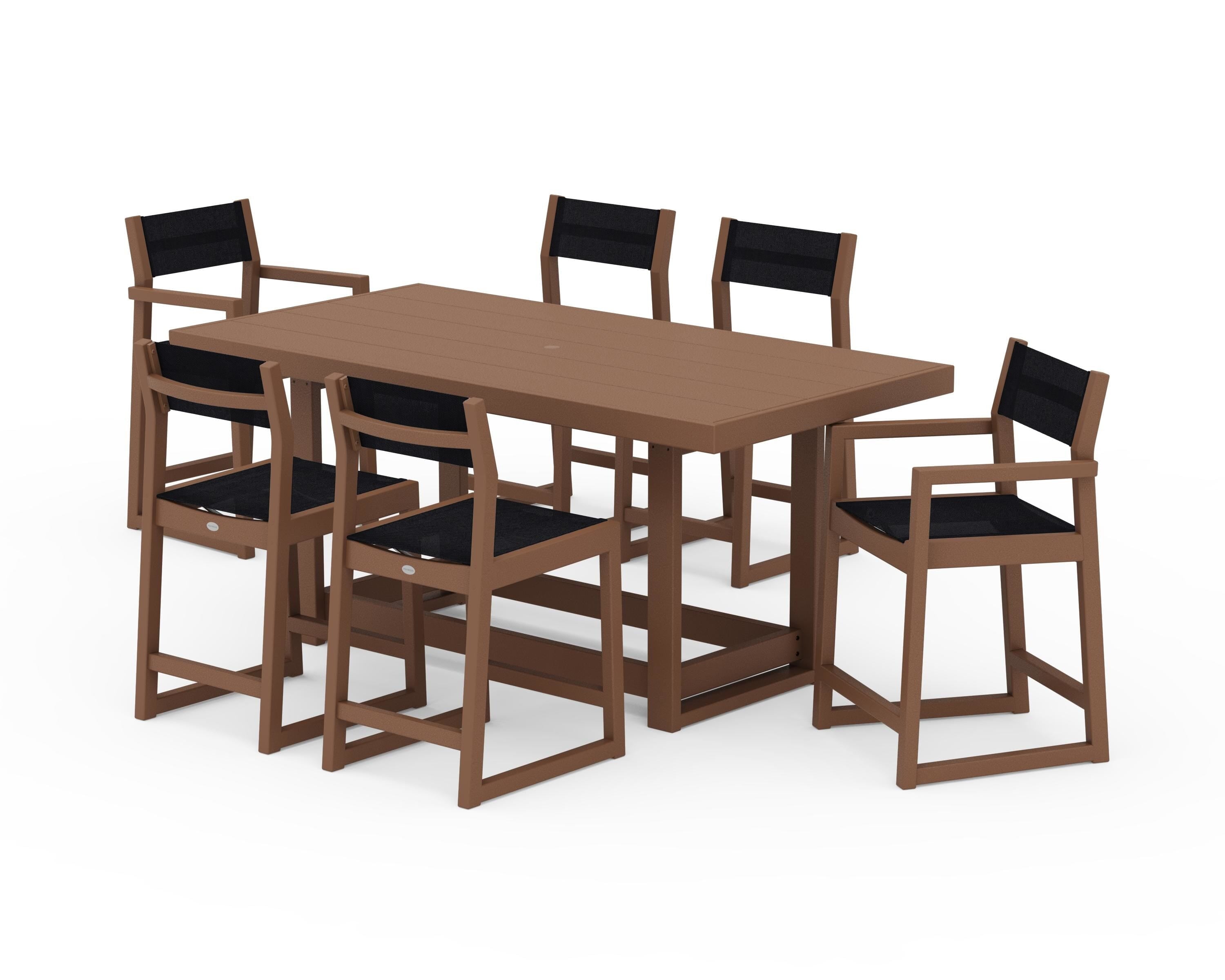 POLYWOOD EDGE Sling 7-Piece Counter Table Set in Teak / Black Sling