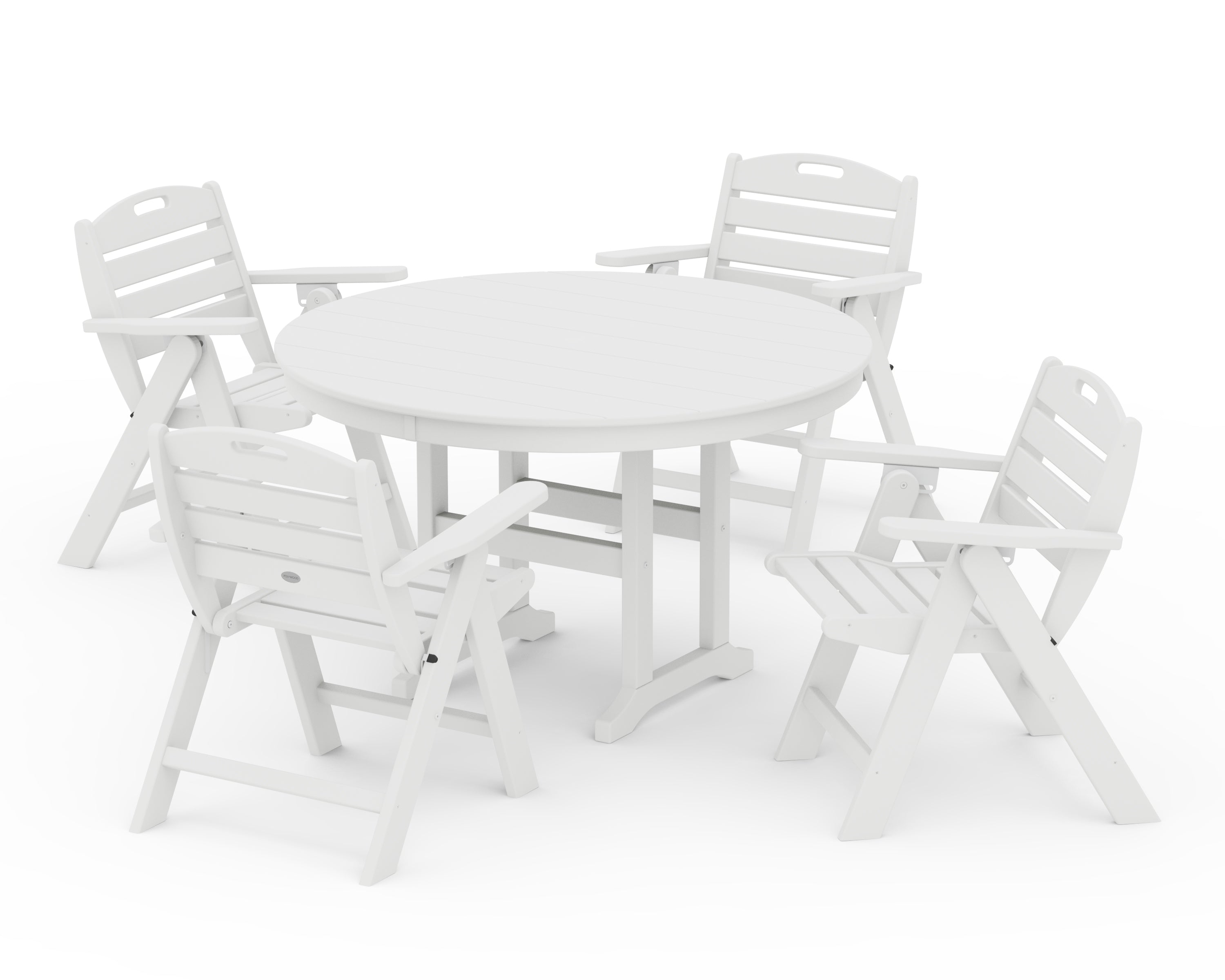 POLYWOOD Nautical Folding Lowback Chair 5-Piece Round Farmhouse Dining Set in White