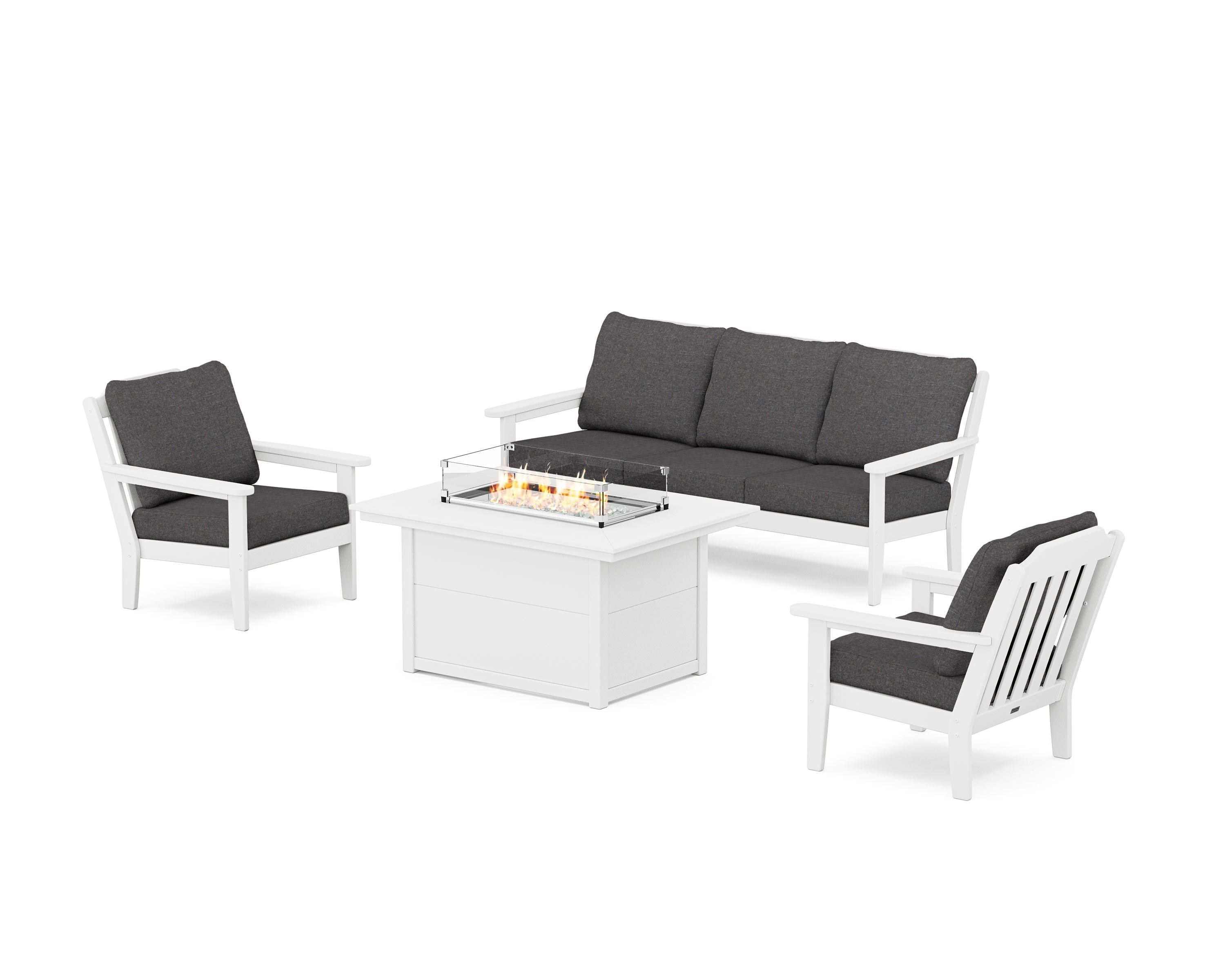 Country Living Cottage Deep Seating Fire Pit Table Set in White / Ash Charcoal