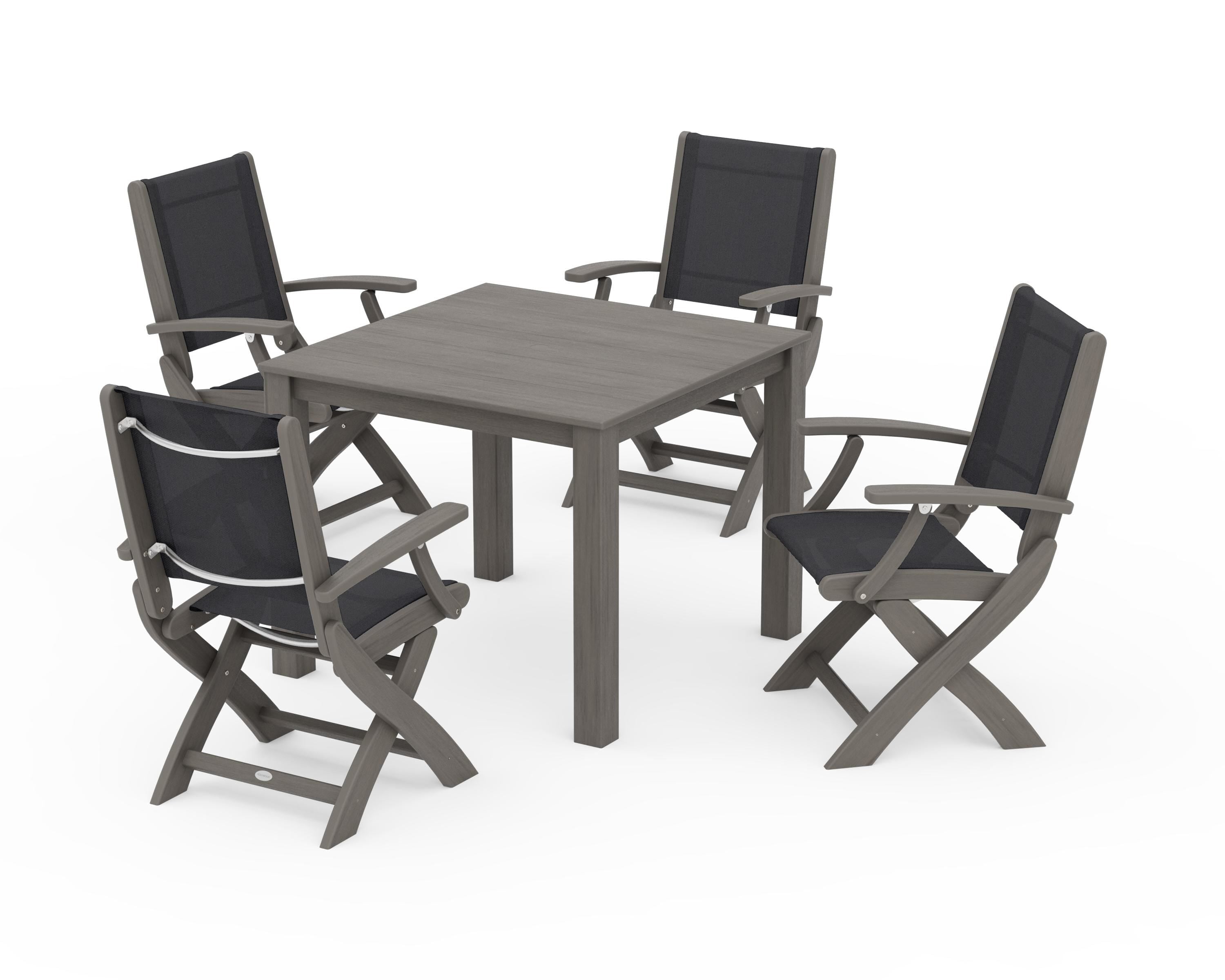 POLYWOOD Coastal Folding Chair 5-Piece Parsons Dining Set in Driftwood / Black Sling