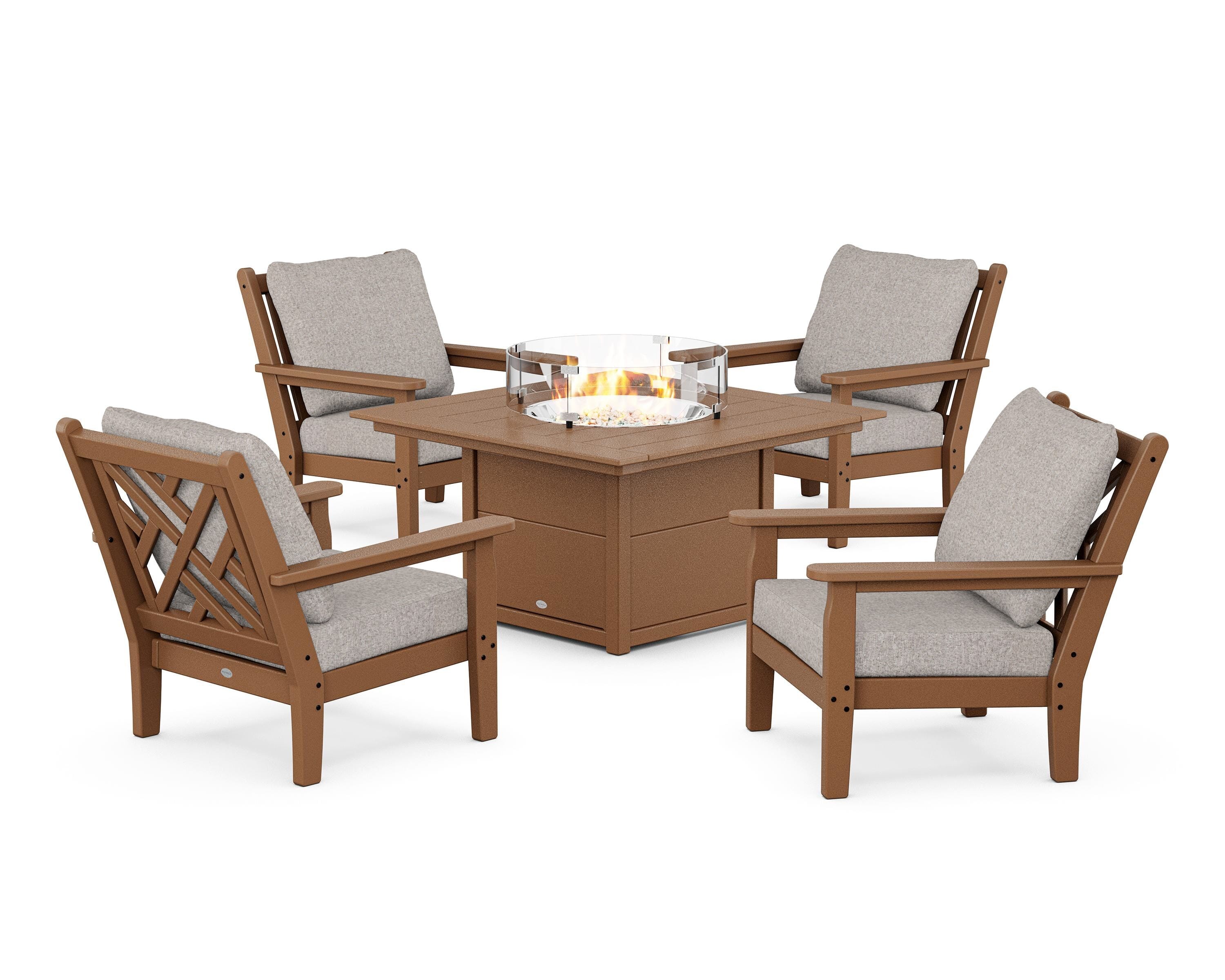 POLYWOOD Chippendale 5-Piece Deep Seating Set with Fire Pit Table in Teak / Weathered Tweed
