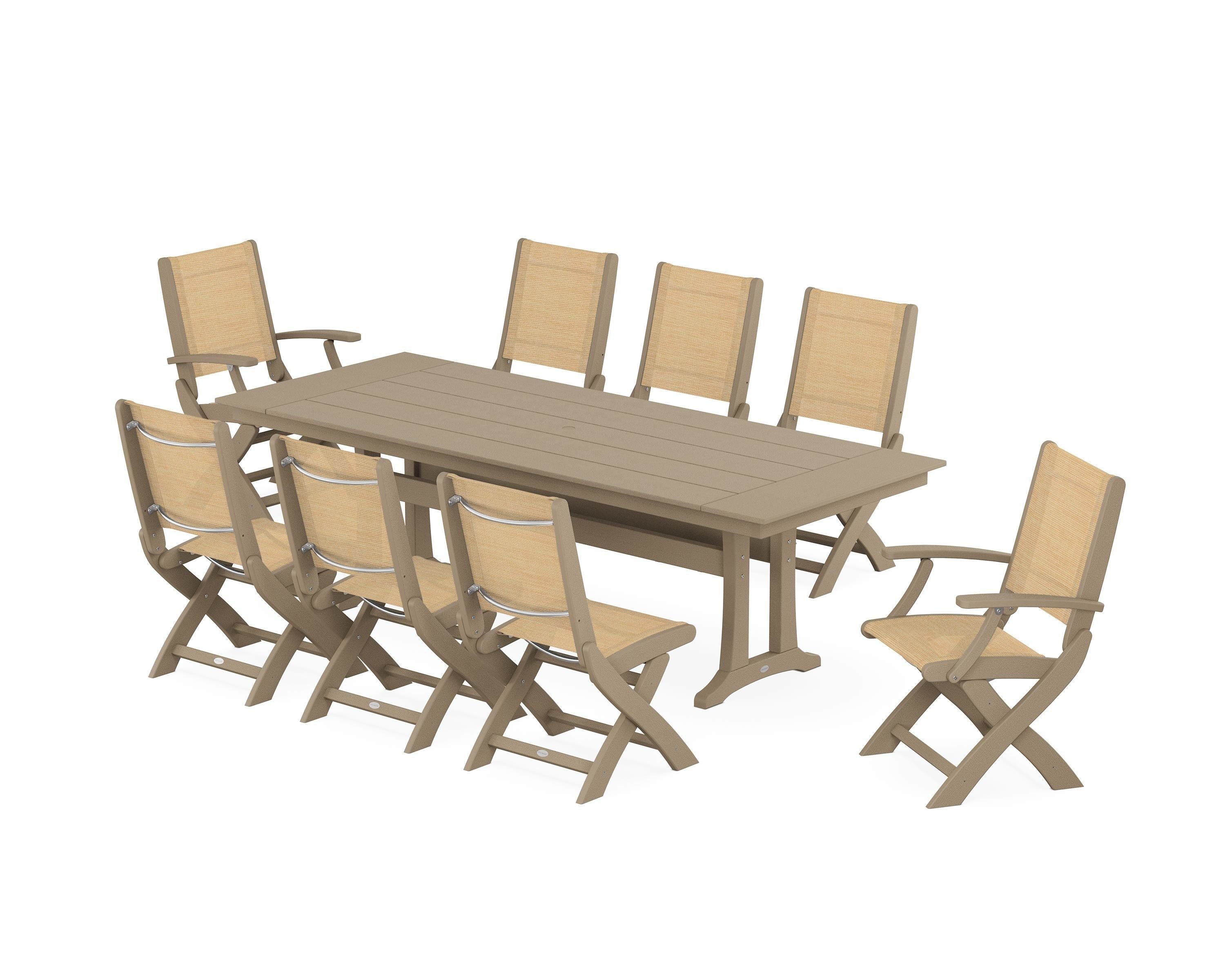 POLYWOOD Coastal 9-Piece Folding Dining Chair Farmhouse Dining Set with Trestle Legs in Vintage Sahara / Dupioni Apricot Sling