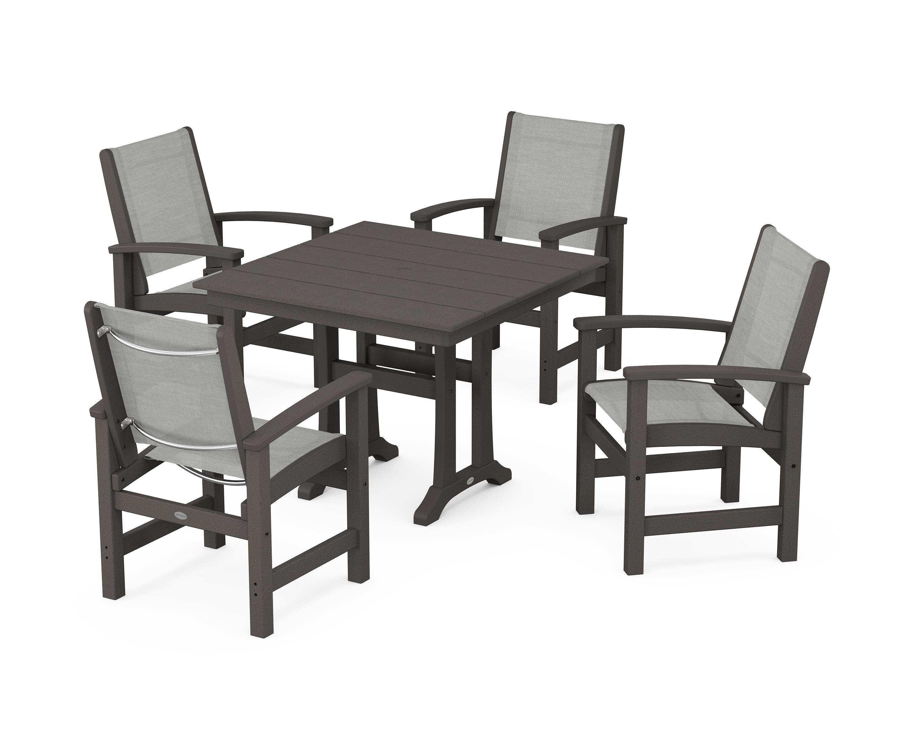 POLYWOOD Coastal 5-Piece Farmhouse Dining Set With Trestle Legs in Vintage Coffee / Metallic Sling
