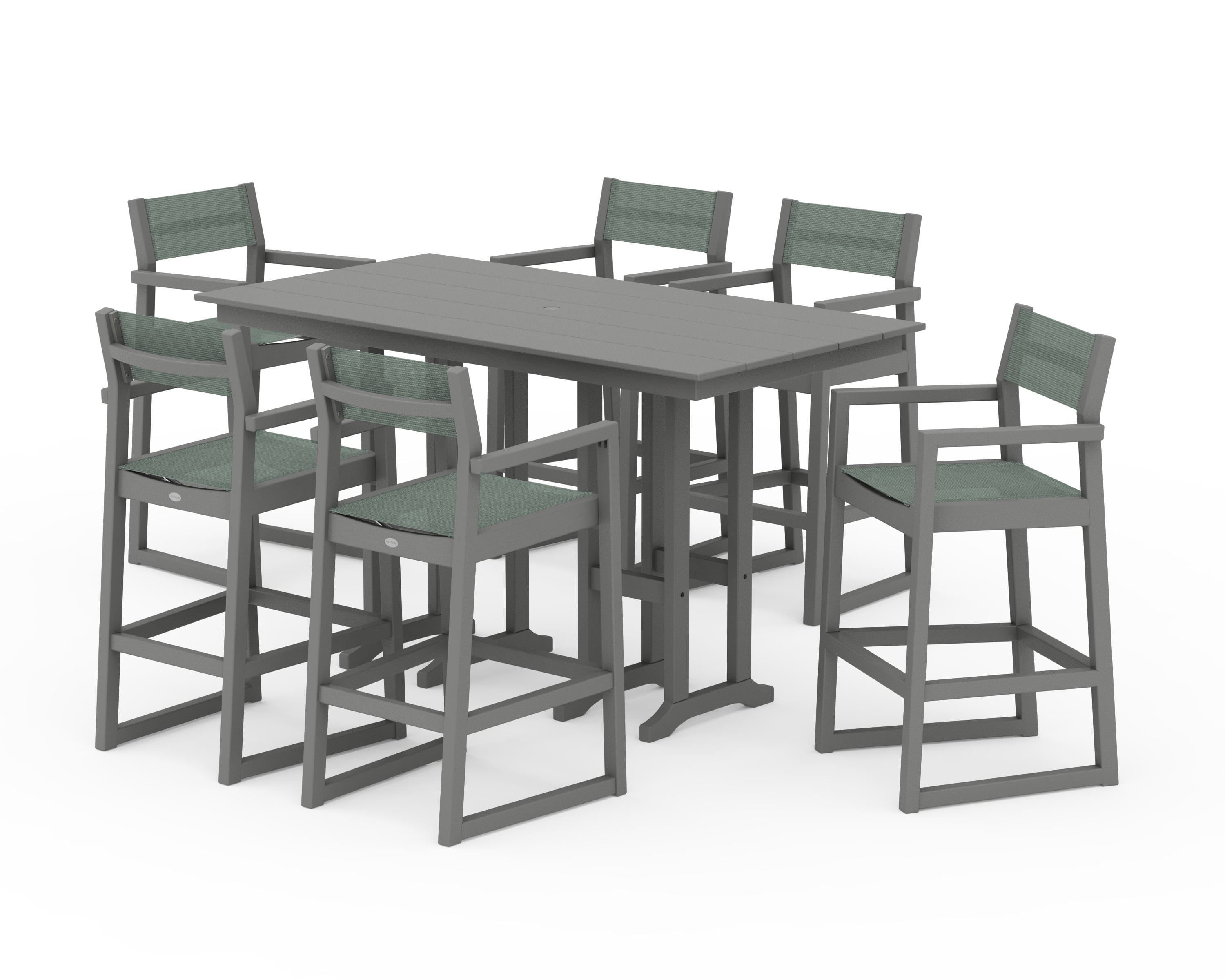 POLYWOOD EDGE Sling Arm Chair 7-Piece Farmhouse Bar Set in Slate Grey / Dupioni Sea Mist Sling
